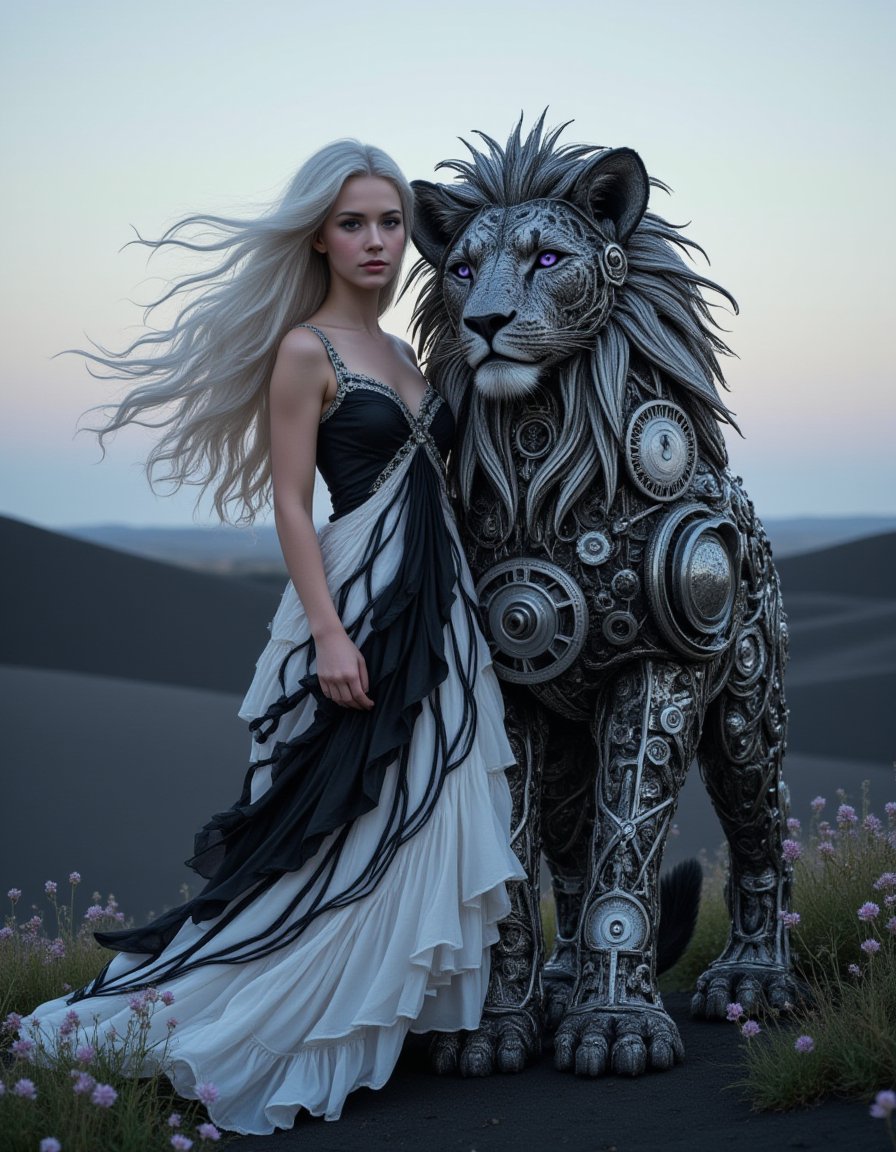 A beautiful woman with flowing silver hair and piercing violet eyes stands gracefully beside her companion, a majestic lion crafted from a mesmerizing interplay of black and white clockwork. The lion, a marvel of contrasting mechanical artistry, stands tall and proud, its mane a cascade of alternating black and white gears and intricate cogs, its body radiating a soft, ethereal glow. The woman, radiating grace and elegance, wears a flowing gown of swirling black and white that blends seamlessly with the ethereal landscape. The scene is set against a backdrop of a timeless realm where magic and technology intertwine, bathed in the soft glow of a twilight where black and white blend seamlessly. Rolling hills of black sand stretch out towards a horizon veiled in a soft, white mist. Black and white flowers bloom at their feet, their petals shimmering with a gentle luminescence. This image captures the ethereal beauty and harmonious unity of contrasting forces, a testament to the enduring power of companionship and the enchanting mystery of their shared guardianship over a realm of balance and duality.