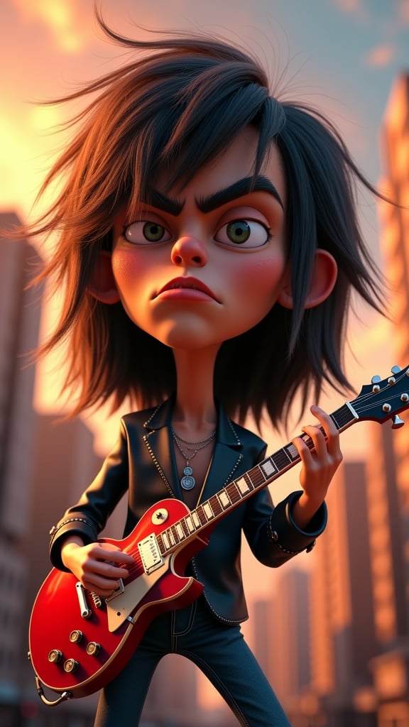 a rock star on stage In the style of PIXAR, Guitarist,  (Cinematic), (oversized facial features:1.5), (caricature:1.4), Raw 3D render of a rock guitarist, Huge head, Tiny body, big nose, big chin, big eyes, closed mouths, angry faces, Poster, City background