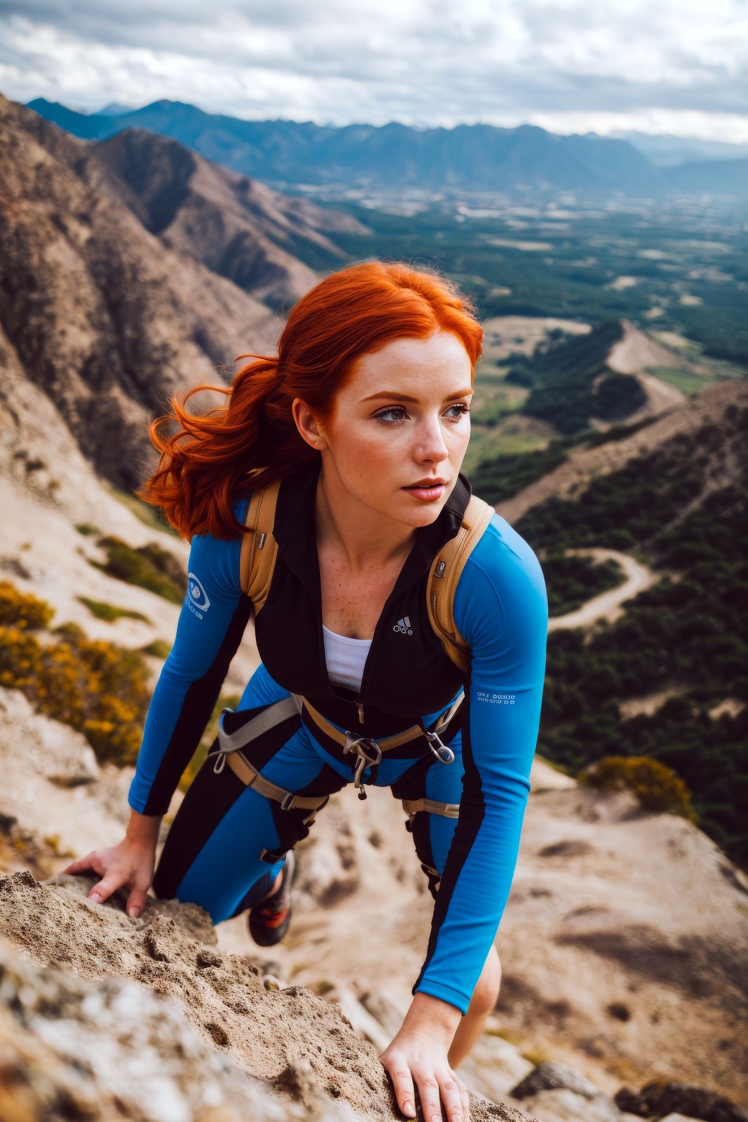 redhead woman, climbing outfit, climbing on mountains, closeup, (muddy:0.6), shallow depth of field, highly detailed, high budget Hollywood film, bokeh, cinemascope, epic, gorgeous, film grain