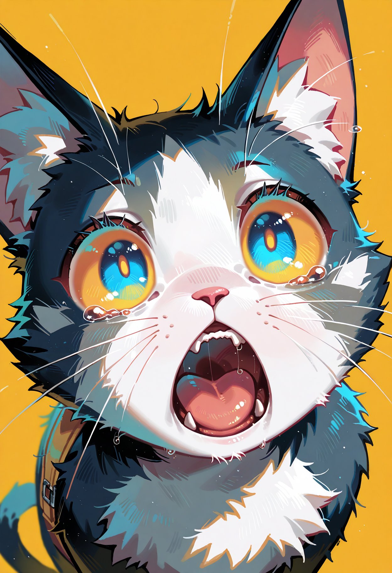 artist:Tsukumizu,(artist:porforever:0.5),(artist:rei \(sanbonzakura\):0.8),solo, open_mouth, no_humans, animal, cat, looking_up, yellow_background, wide-eyed, animal_focus, whiskers, yellow_theme best quality, amazing quality, very aesthetic, absurdres