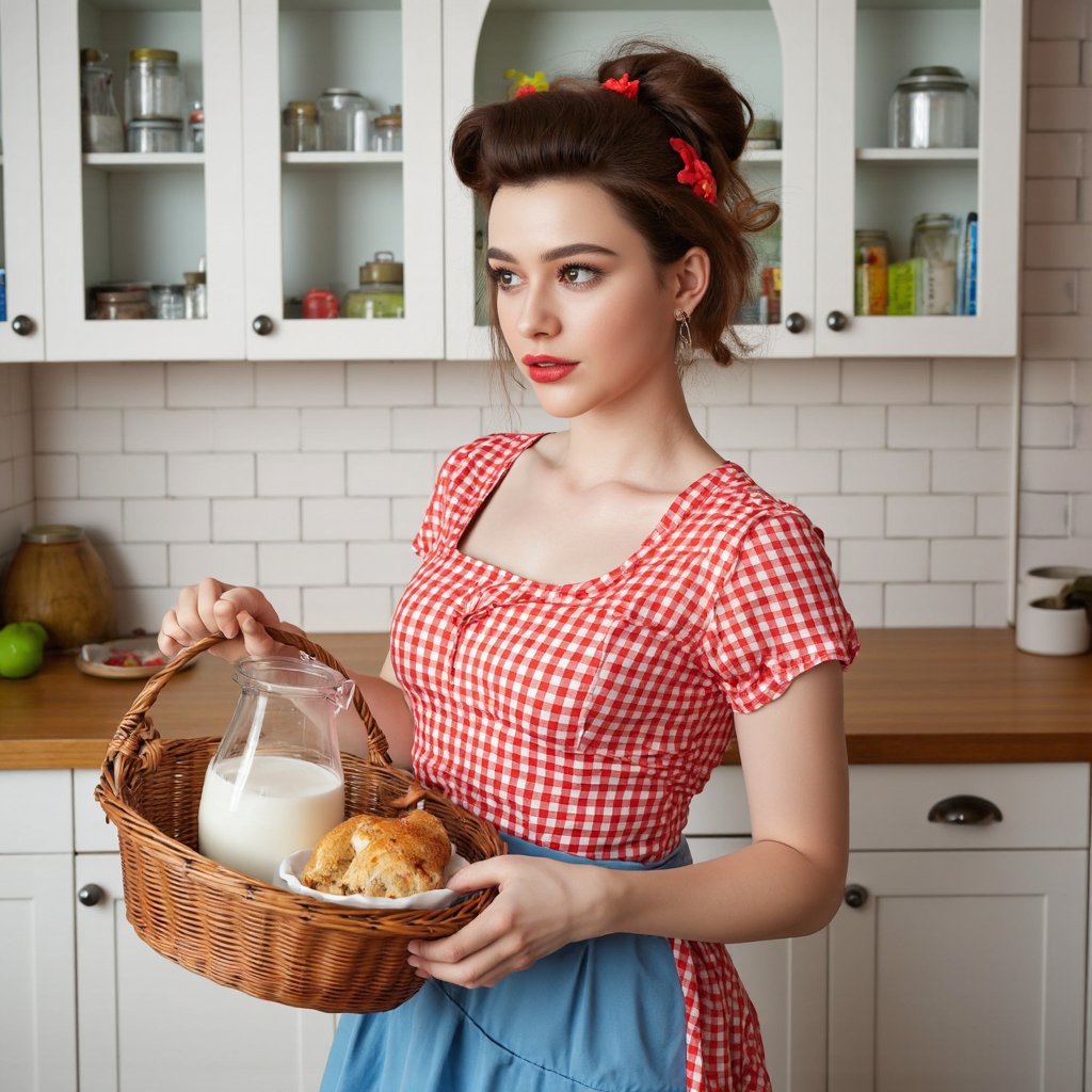 A vibrant, retro-style portrait of dasha_taran in a kitchen. She wears a red and white checkered dress with a blue apron, holding a wicker basket containing a glass jug filled with milk and a plate of pastries. Her hair is styled in a voluminous updo, and she wears bold red lipstick. The kitchen features white cabinetry with glass jars and containers, a wooden countertop, and a white brick wall. The color palette is dominated by whites, reds, and blues, creating a warm and inviting atmosphere.