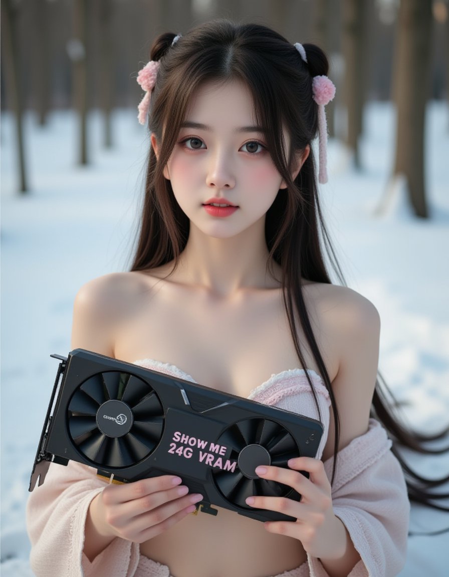 18 y.o chinese hanfu girl beautiful (medium breasts),light goth eye makeup,(matching realistic eye colors),correct iris structure,ultra quality dynamic shadows,ultra quality shadows)),looking at viewer,eyesHD,high gradient eyes,seductive,A confident young woman holding a high-end graphics card in her hands,(the card clearly displaying the bold text 'Show me 24G VRAM'. She stands proudly),emphasizing her gamer and hardware enthusiast style. The graphics card looks powerful and cutting-edge,symbolizing top-tier performance.,outside snowy winter forest,the environment has real shadows and rich colors already complex details,with very real human characteristics and skin texture,photos with real professional camera style,sunset backlight and bright colors and film grain,portrait,naked shoulder hanfu,cleavage,lying on the snow,