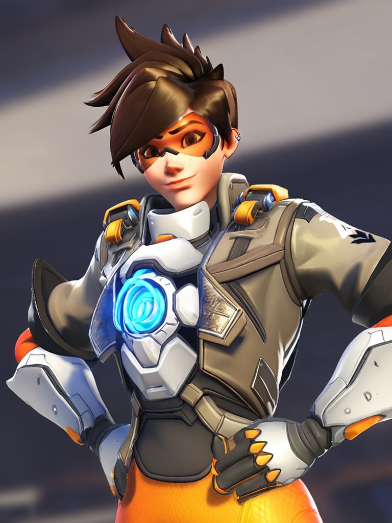 Tracer, 1girl (1.00), tracer (overwatch) (1.00), spiked hair (0.99), solo (0.99), bomber jacket (0.98), harness (0.98), chest harness (0.98), brown hair (0.98), goggles (0.98), logo (0.98), orange goggles (0.97), leather jacket (0.97), brown jacket (0.95), jacket (0.95), leather (0.95), short hair (0.94), brown eyes (0.94), smile (0.89), copyright name (0.85), nose (0.77), <lora:Tracer:0.8>