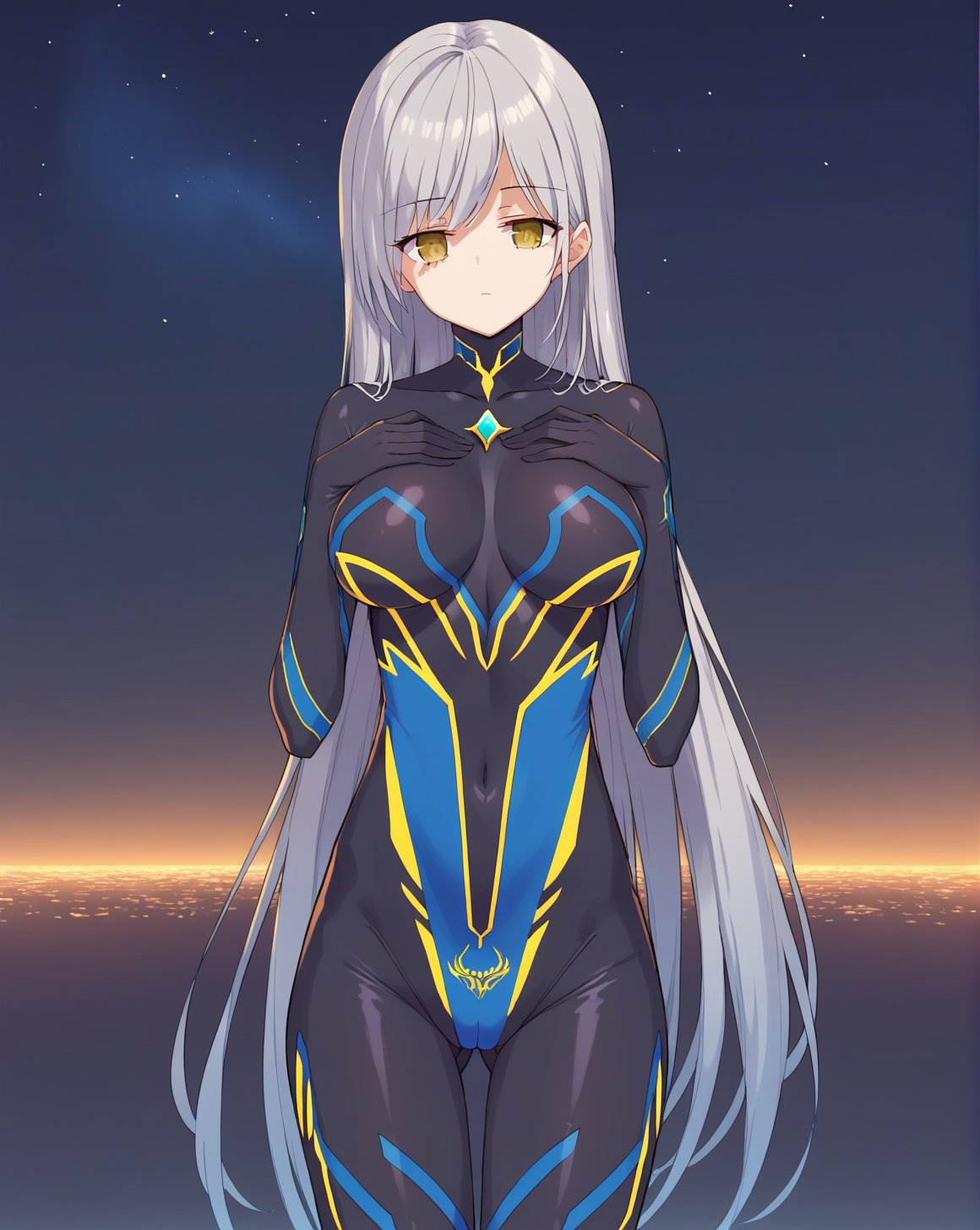 <lora:mccain_v1>,mccain,long hair,grey hair,yellow eyes,medium breasts,mature female,blue chest jewel,bodysuit,skin tight,1girl,anime screencap,BREAKstanding,cowboy shot,(hand on own chest:0.9),arm at side,night,starry sky,expressionless,BREAK, score_9,score_8_up,score_7_up,source_anime,best quality,masterpiece,uncensored,detailed eyes,zPDXL,