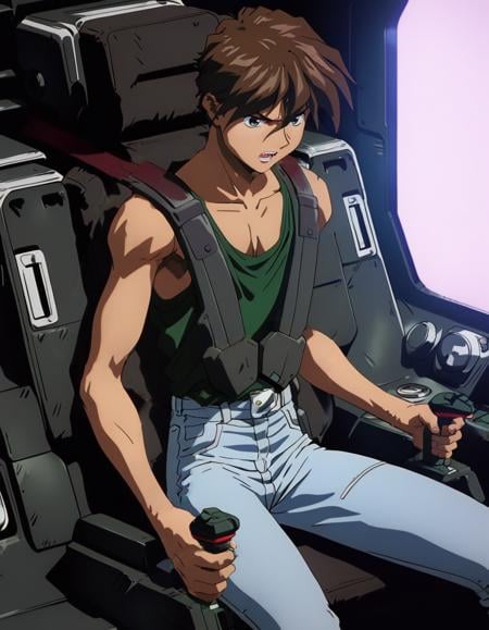 1boy,<lora:heeroyuyXL1:0.7>,heeroyuy,,jeans,tank top,serious,v-shaped eyebrows,scream,<lora:gundamwingcockpitXL2:1>,gundamwingcockpit,joystick,seatbelt,sitting,masterpiece, best quality, ultra detailed, highres,4k,(ultra-detailed:1.4) (illustration:0.5), (ray tracing,:0.8),(anime colored:0.7),(ai-generated:0.5),