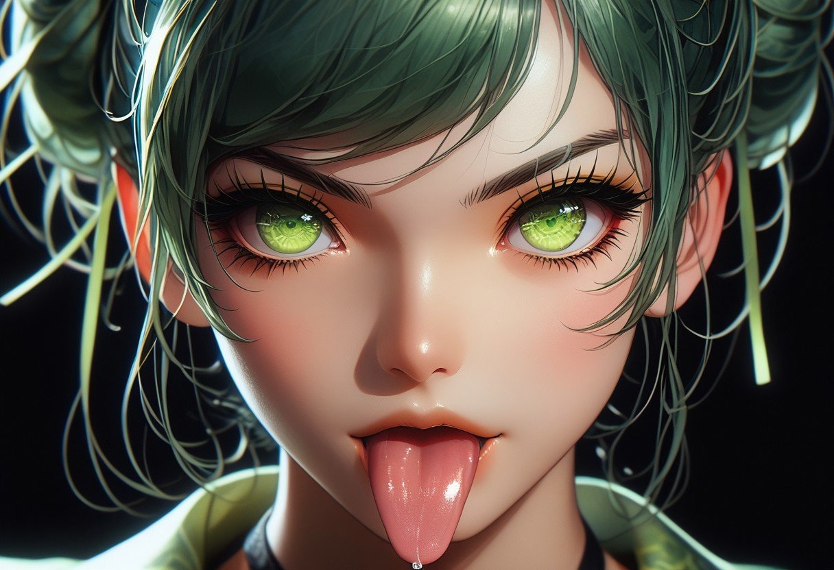 score_9, score_8_up, score_7_up, score_6_up,rating_questionable, watercolor painting ,Dark background,super closeup of Asian girl,evil smirk,slanted eyes, lime green eye makeup, ((sticking tongue out)), long tongue, facing viewer, Topbun hairstyle, nosering, high gradient eyes, detailed eyes, high definition eyes,eyesHD