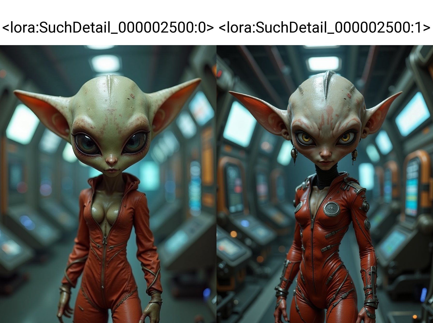 <lora:SuchDetail_000002500:0>,score_9, score_8_up, score_7_up, score_6_up, score_5_up, score_4_up, solo, cute alien girl engineer, long ears, (big evil eyes) , stripes, cute ,pupilless , close up, half closed eyes, wearing futuristic jumpsuit, dirty skin, skinny, engine room of a spaceship, detailed background, medium chest, indoor,(from behind), presenting her back, looking at viewer, sweating, holographic terminals, cleavage