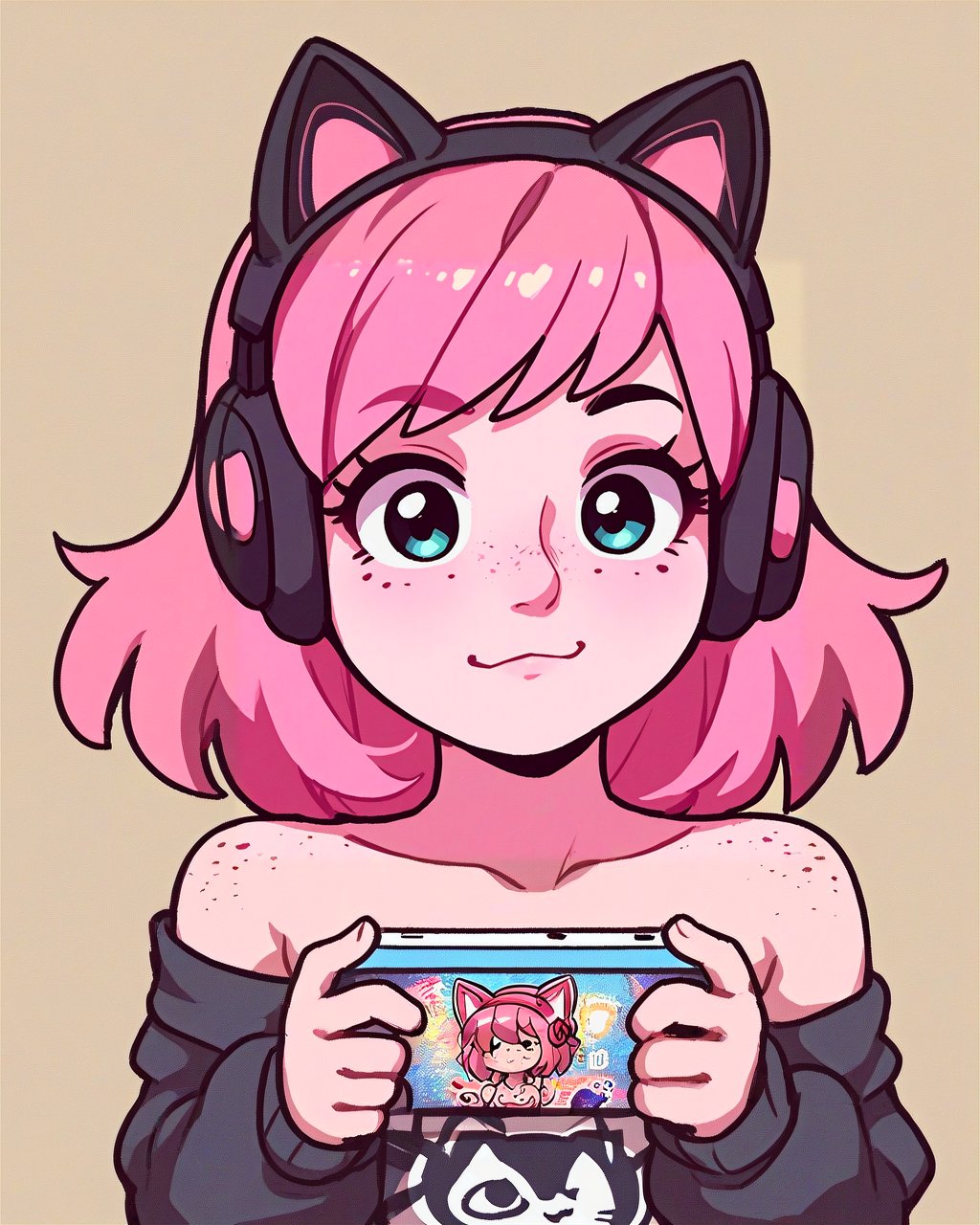 score_9,score_8_up, score_7_up, photograph of a cute gamer girl, pale skin, pink hair, medium hair, freckles, headphones, cat ears <lora:PonPonPony:1>