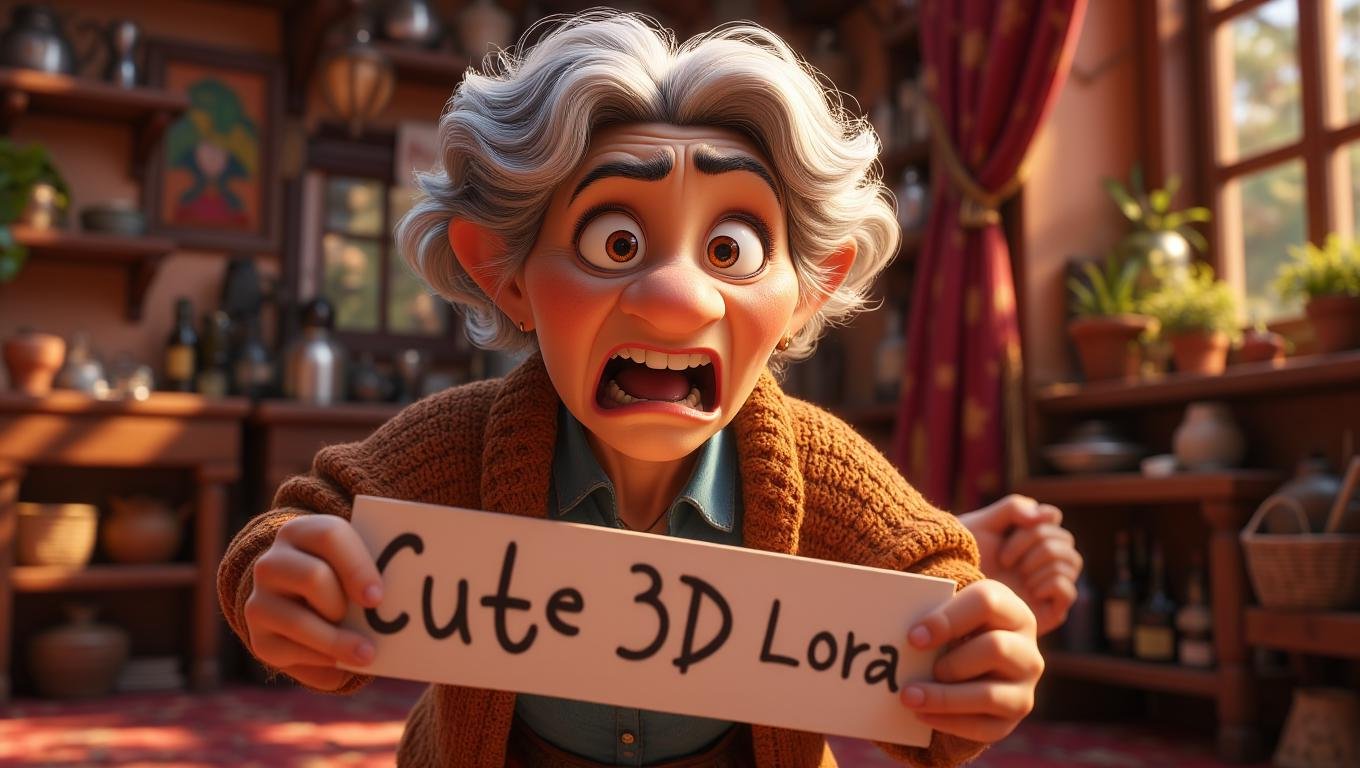 Angry old woman holding a sign with the text "Cute 3D Lora"  <lora:Cute_3d_Cartoon_Flux:0.8>