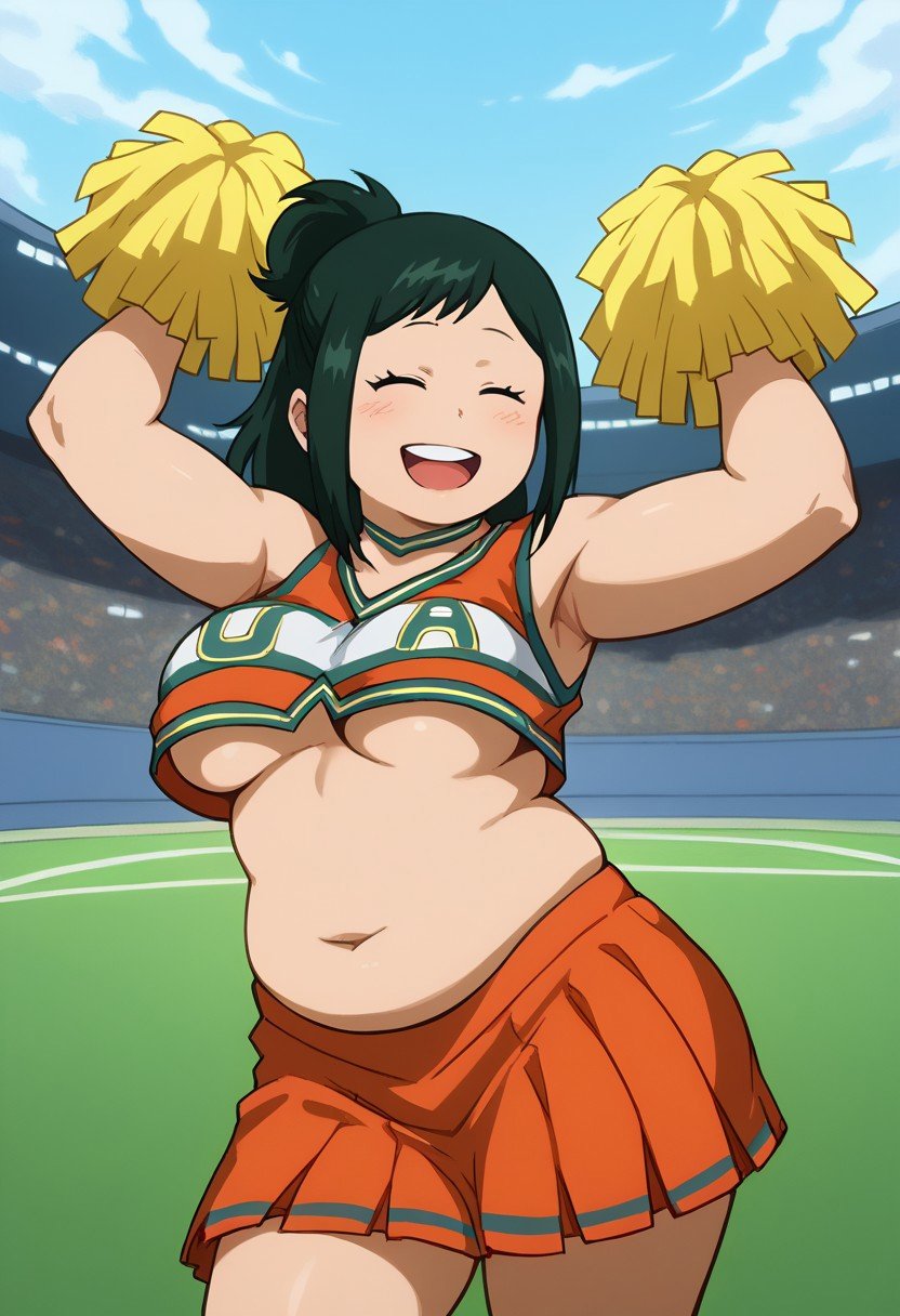 score_9, score_8_up, score_7_up, source_anime,  uncensored, <lora:Viper_Risen-000014:1>, v1p3r1seV6, BREAK, 1girl, Midoriya Inko, green hair, green eyes, solo, slightly chubby, blush, outdoors, stadium, uacheerlead, cheerleader,  navel,midriff, crop top, choker,  orange skirt, pleated skirt,orange shirt, midriff, navel, underboob, medium breasts, big ass, closed eyes, happy, smile, open mouth, arms up, holding object, pom poms, cowboy shot, dynamic pose,