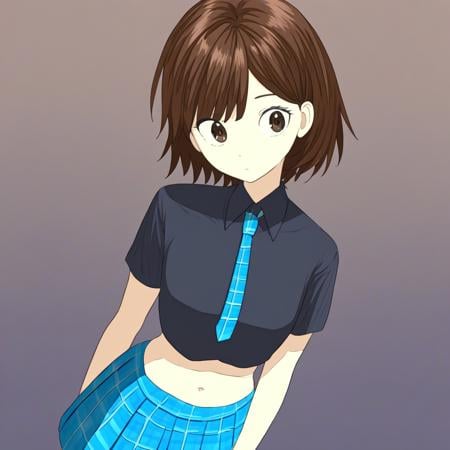 1girl, solo, short hair, bangs, skirt, brown hair, shirt, navel, brown eyes, short sleeves, pleated skirt, necktie, midriff, collared shirt, miniskirt, blue skirt, crop top, plaid, black shirt, plaid skirt, blue necktie, plaid necktie