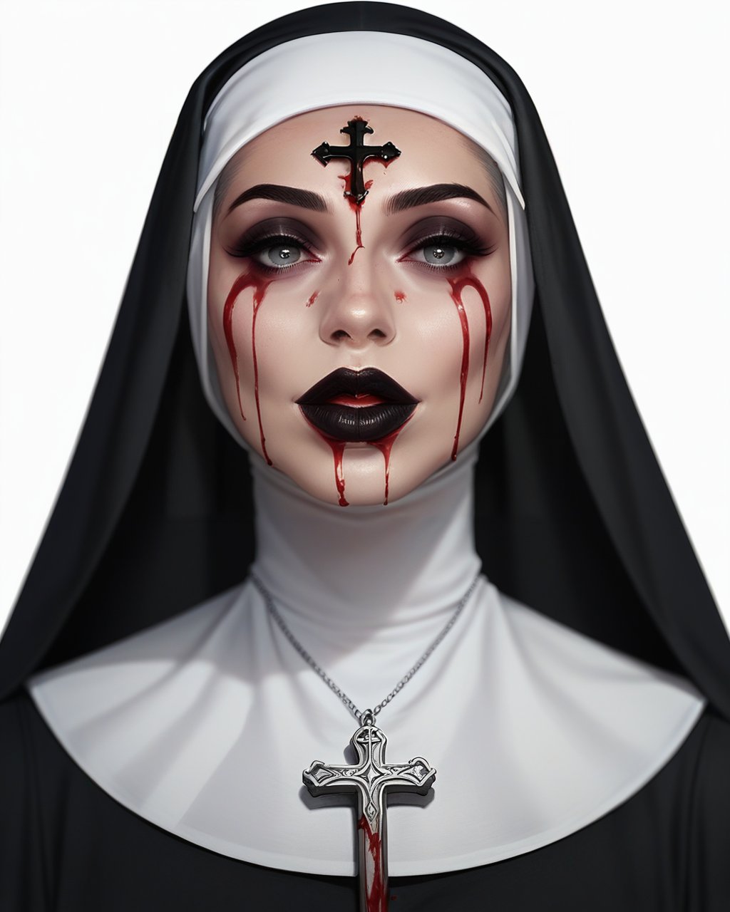 score_9_up, score_8_up, score_7_up, halloween makeup, black lips, solo, nun, makeup, looking at viewer, white background, habit, lipstick, blood, simple background, portrait, cross, black hair, grey eyes, straight-on, red lips, male focus, 1girl, <lora:NeoNi_HMUP:0.7>