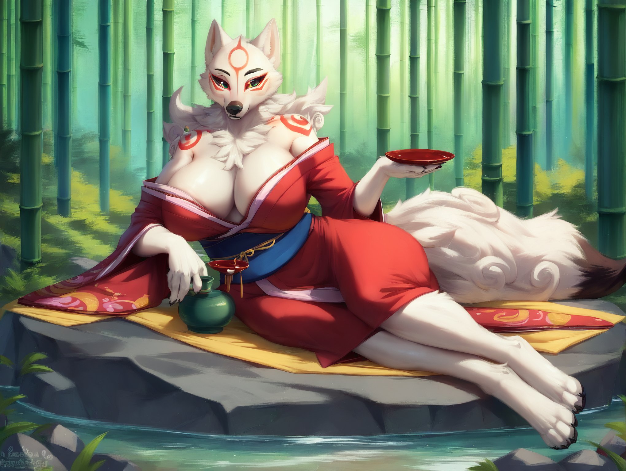 score_6_up, <lora:Amaterasu_Okami_PonyXL_prototype:1> ammyokami, forest, bamboo, (lounging on rock), kimono, (holding sake), barefoot, high detail, big breasts, dipstick tail, anthro, solo 