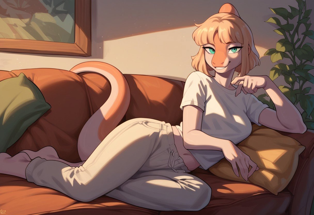 score_9, score_8_up, score_7_up, score_6_up, score_5_up, score_4_up, couch, sitting on couch, naomi, looking at you, smiling, light shading, tail