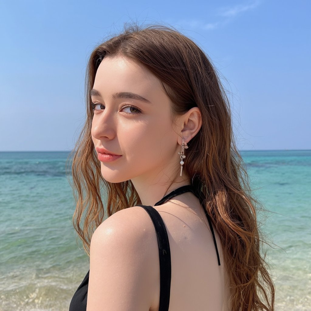 A portrait of dasha_taran on a beach, captured in a side profile. She has long, wavy, golden-brown hair that falls to her shoulders, and her gaze is directed away from the camera. She wears a black halter-neck top and dangling earrings. The background is a clear blue sky and turquoise water, indicating a sunny day. The image is candid and natural, emphasizing the woman's relaxed and carefree expression.