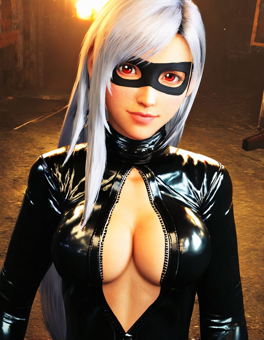 TifaCatsuit, Create a high-resolution digital portrait of a young woman with long silver hair, wearing a sleek black leather catsuit with a front zipper. She has a subtle, adoring expression, and is wearing a black cat eye mask that adds a mysterious vibe. The background is a dark, industrial setting with dim lighting that highlights the glossiness of her outfit. The scene has a cinematic, neo-noir style with soft shadows, emphasizing her features and the texture of her suit, <lora:TifaCatsuit_Kohya_SS_Defalut:1>