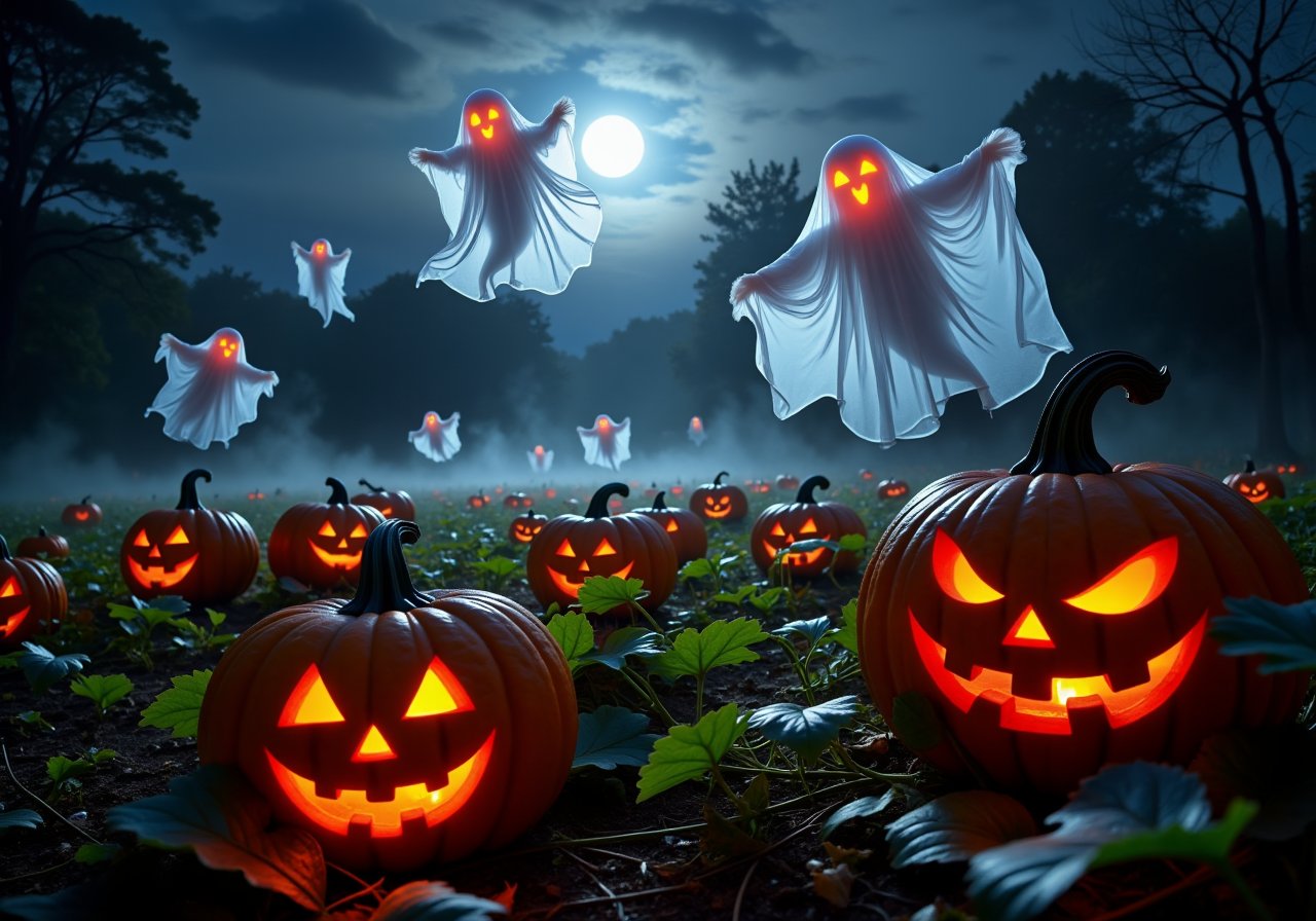 A haunted pumpkin patch: Glowing jack-o’-lanterns sit among the vines, their flickering flames casting eerie light. Transparent ghosts float above, gently swirling through the misty night. Their forms shimmer in the moonlight as they glide silently over the field, their haunting presence adding an unsettling calm to the scene.