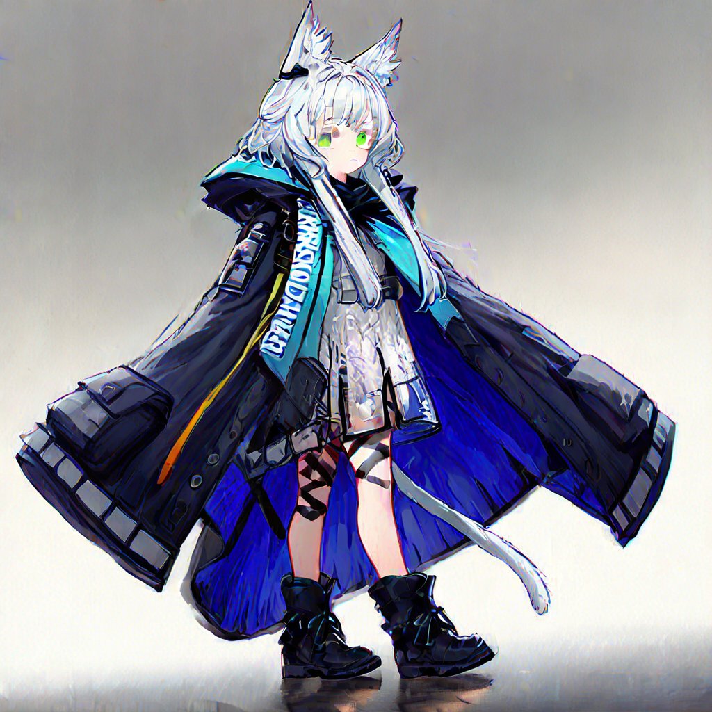 1girl,rosmontis \(arknights\),cat ears,cat tail,cat girl,white hair,green eyes,short hair with long locks,white eyelashes,colored eyelashes,(aged_down:1.4),open jacket,standing,full body,white background,leg ribbons,leg straps,black footwear,boots,