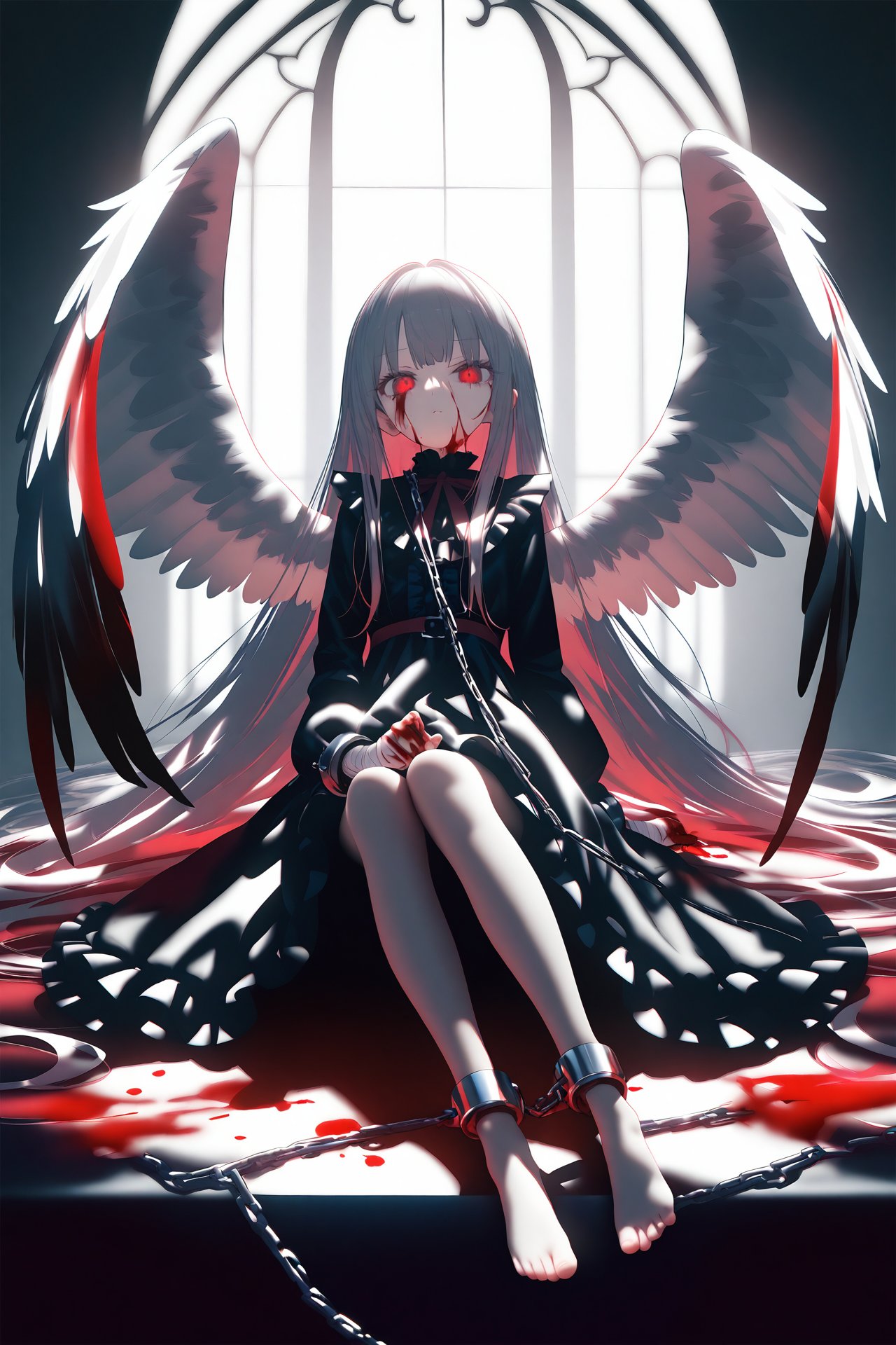 (masterpiece),(best quality),loli,1girl,solo,wings,blood,long hair,sitting,chain,red eyes,blood on hands,feathered wings,barefoot,blood on face,blood from eyes,dress,long sleeves,cuffs,feathers,frills,looking at viewer,very long hair,white wings,bandages,shackles,bangs,