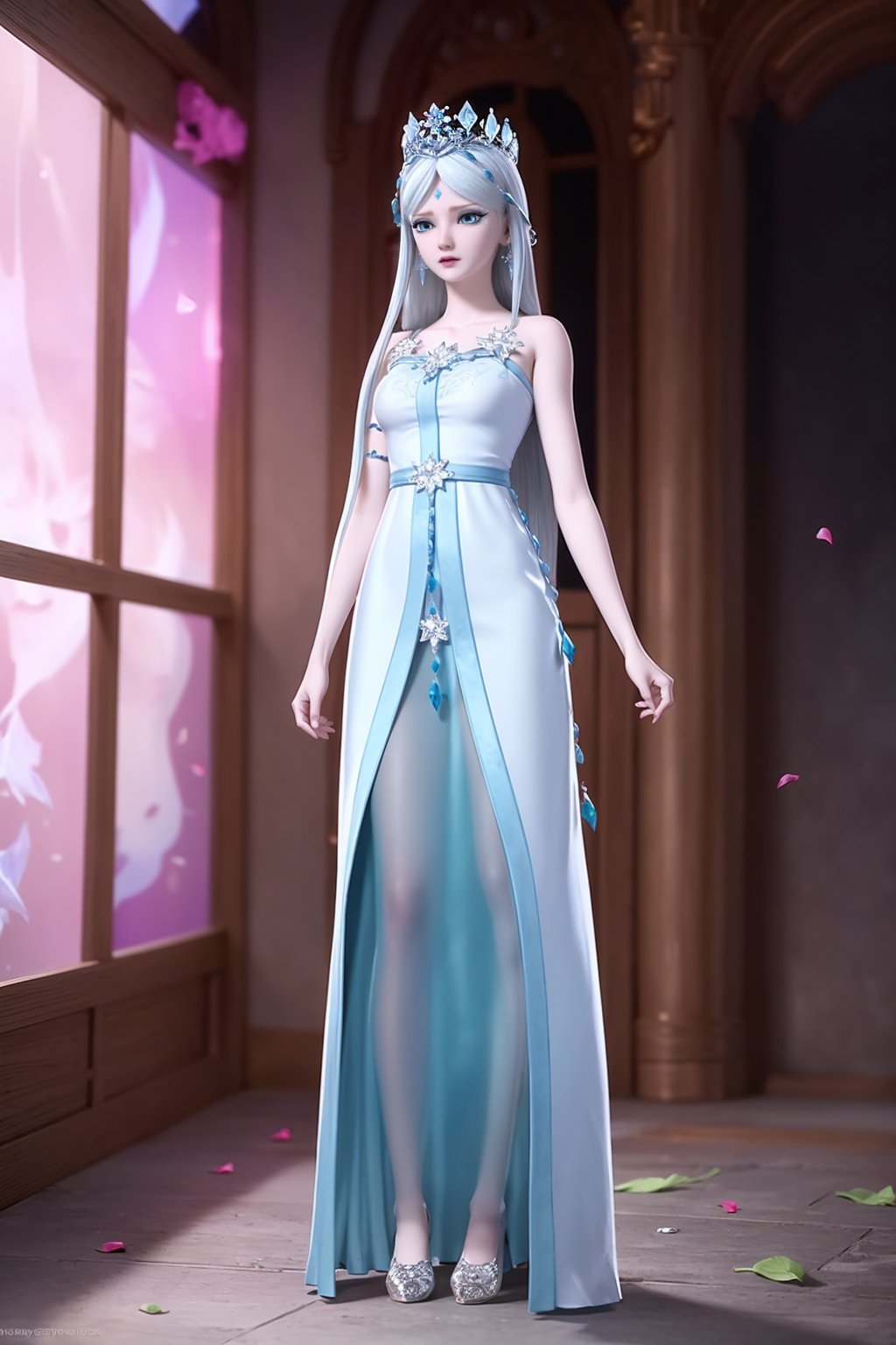 <lora:韩冰晶-000008:0.7>,1girl,solo,dress,Blue dress,long hair,white hair,blue eyes,jewelry,earrings,(full body:1.5),masterpiece,(best quality),official art,extremely detailed cg 8k wallpaper,((crystalstexture skin)),(extremely delicate and beautiful),highly detailed,petals,petals_on_liquid,cherry_blossoms,hair_ornament,flower,rose_petals,day,looking_at_viewer,