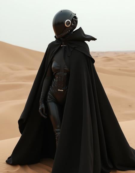 ggasia11k cosplay concept, Cinematic photography of a realistic woman  stands amidst the undulating dunes, her black cloak inspired by Rick Owens and the stark aesthetic of the DUNE universe, swirling around her. She dons a robot helmet, its design echoing the brutalist architecture of Arrakis, featuring angular lines, a sand-resistant finish, and subtle, glowing accents reminiscent of spice visions. The cloak merges seamlessly with the helmet, symbolizing a blend of fashion and the harsh desert environment. <lora:cosplay_flux_V1:0.8>