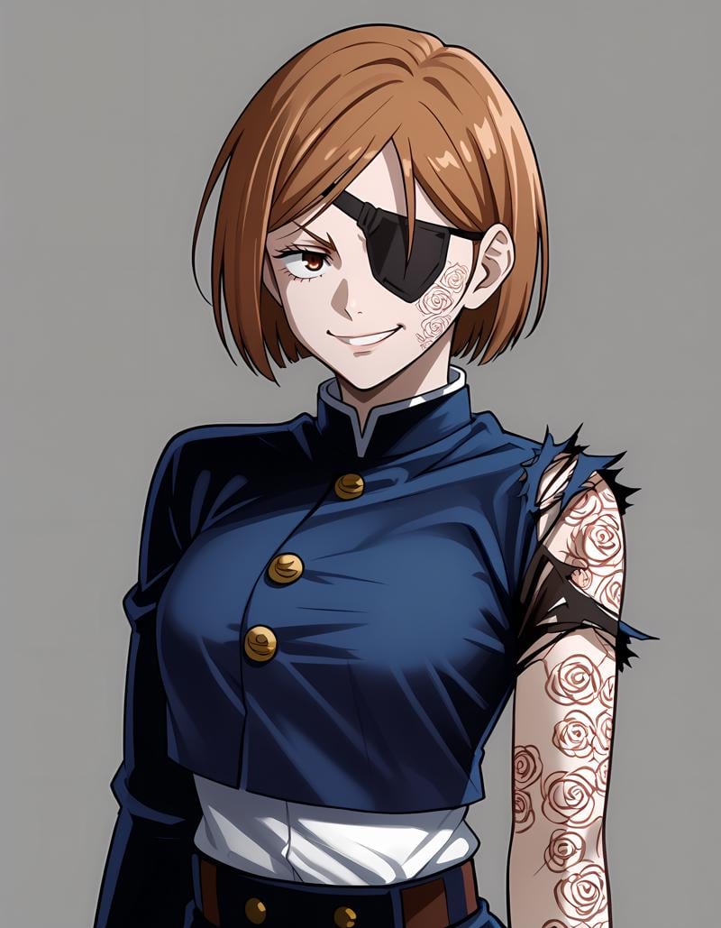 <lora:Nobara_v2:1>1girl, n0bara, jujutsu tech uniform, eyepatch, torn sleeve, body markings, smirk, simple background