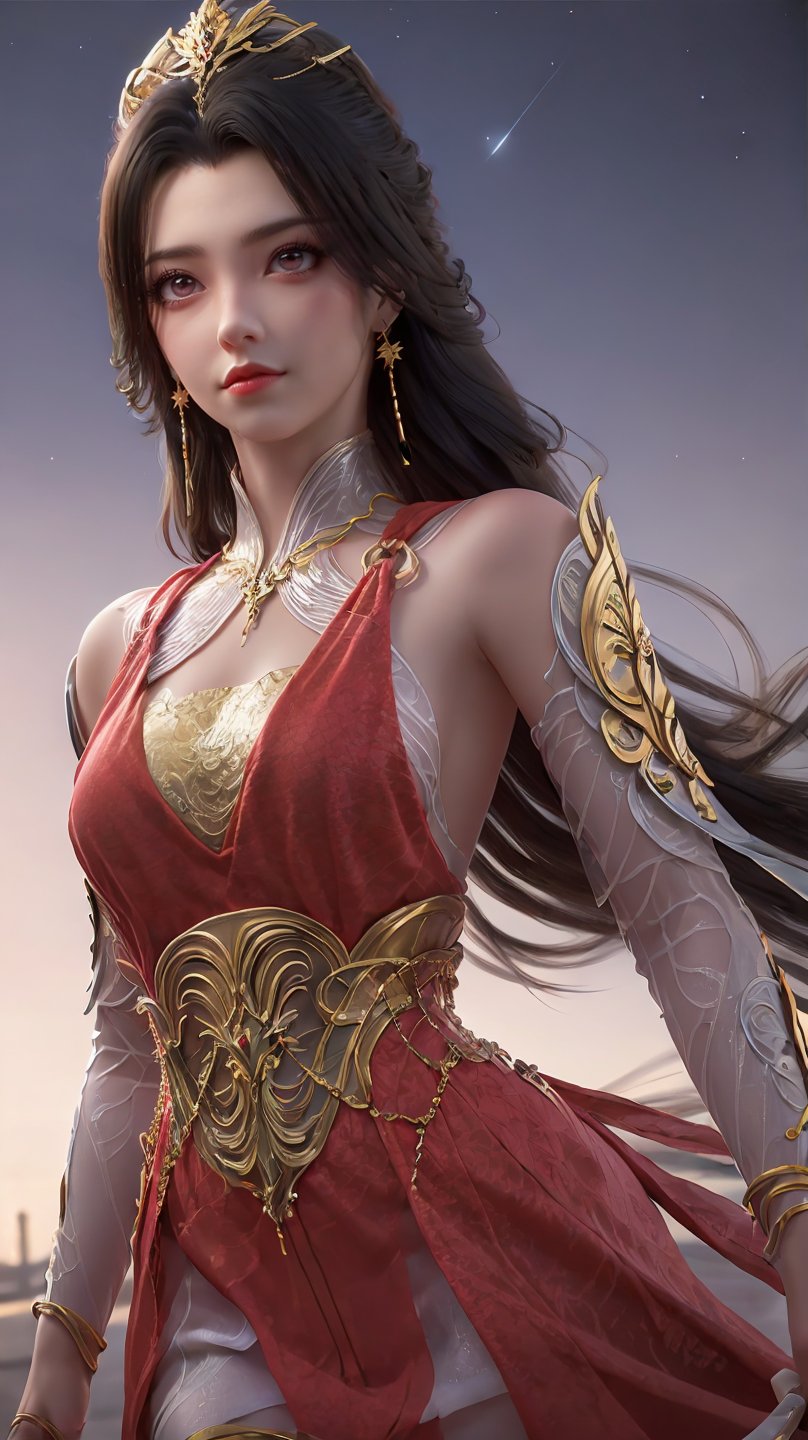 lelp,1girl,solo,red dress,braid,long hair,jewelry,earrings,hair ornament,holding weapon,sash,looking_at_viewer,look down,(eye contact:1.1),all fours,shoulder_armor,bangle,transparent long sleeve,fake collar,cowboy shot,, night,starry_sky,galaxy,exquisite face,fair_skin,magic background,magic,starry sky water surface,moon,