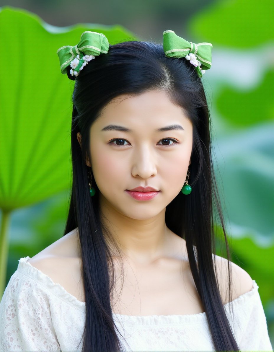 This is a high-resolution photograph featuring a young East Asian woman with a serene expression and fair skin. She has long, straight black hair styled in a traditional manner with two green ribbons tied in her hair, adding a pop of color. Her hair is adorned with delicate white ribbons that hang down, complementing the soft, pastel hues of her attire. She is dressed in a traditional white garment with intricate embroidery, showcasing a blend of modern and traditional fashion elements.Her makeup is subtle yet elegant, with a natural look featuring light pink lipstick, well-defined eyebrows, and a slight blush on her cheeks. She wears small, dangling earrings that add a touch of sophistication. The background is out of focus, featuring lush green leaves, indicating a natural, outdoor setting, possibly a garden or a pond with large lily pads. The lighting is soft and natural, enhancing the overall serene and peaceful atmosphere of the image. The photograph captures a moment of quiet contemplation, with the subject's gaze directed slightly to the right, suggesting a thoughtful or introspective state of mind.,weixiaojun,  <lora:WeiXiaoJun_Flux_V1:1>