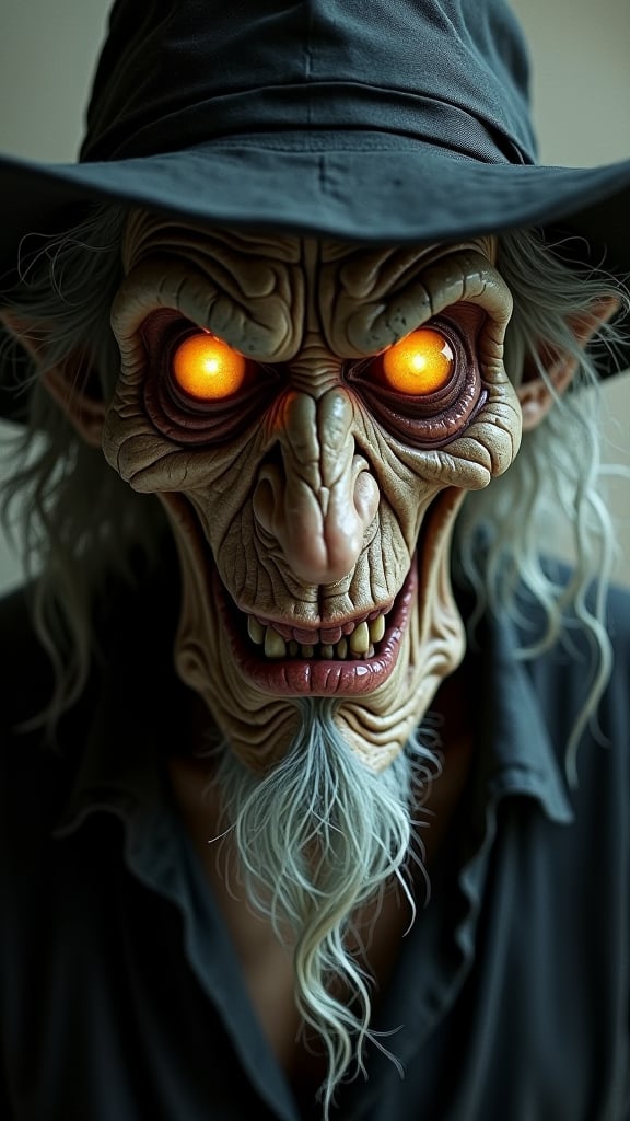 A weathered, sinister figure stares directly ahead, its gaze piercing through the shadows with unsettling intensity. The figure's face is gaunt, its features deeply carved by time and malevolent energy, every wrinkle and crease accentuating a life steeped in darkness. The skin is pale and ashen, stretched tightly over sharp cheekbones and a prominent nose, giving the impression of a figure that has long since crossed the line between life and death. Deep, sunken eye sockets are surrounded by bruised, dark circles, highlighting the sharp contrast between the sickly skin and the unnerving, glowing yellow eyes that burn with a fierce, almost predatory gaze. These eyes seem to hold an unnatural light, radiating an eerie, almost hypnotic power that suggests something deeply inhuman lurks beneath this frail exterior. The figure’s eyes are its most striking feature—large, round, and unnervingly bright against the dull, almost decayed pallor of the rest of its face. The irises burn with an otherworldly intensity, glowing with an amber hue that feels far from natural. They are wide open, unblinking, as if they are fixated on some distant prey or an impending confrontation. This haunting gaze creates a palpable sense of tension, as if the viewer is being silently drawn into some dark and forbidden secret. The eyes seem alive with malice and cunning, as though they can see far beyond the material world, into the depths of the soul. The figure's lips are curled into a sneer of disdain, revealing cracked, yellowed teeth beneath, as though caught in a moment of anger or cruelty. The expression is filled with bitterness and rage, the kind of hatred that has festered for years, if not centuries. The mouth is twisted, lips thin and dry, creating an impression of something that has not known kindness for a very long time. This twisted sneer only enhances the impression of a being that thrives on malice and spite, a creature capable of great cruelty and dark power. Framing the face is a wild tangle of gray, wiry hair that seems to flow in all directions, tangled and unkempt, as if the figure has long since ceased to care for such earthly concerns. The hair falls from beneath a wide-brimmed black hat, the brim casting deep shadows across the face, adding to the dark and foreboding aura that surrounds this character.