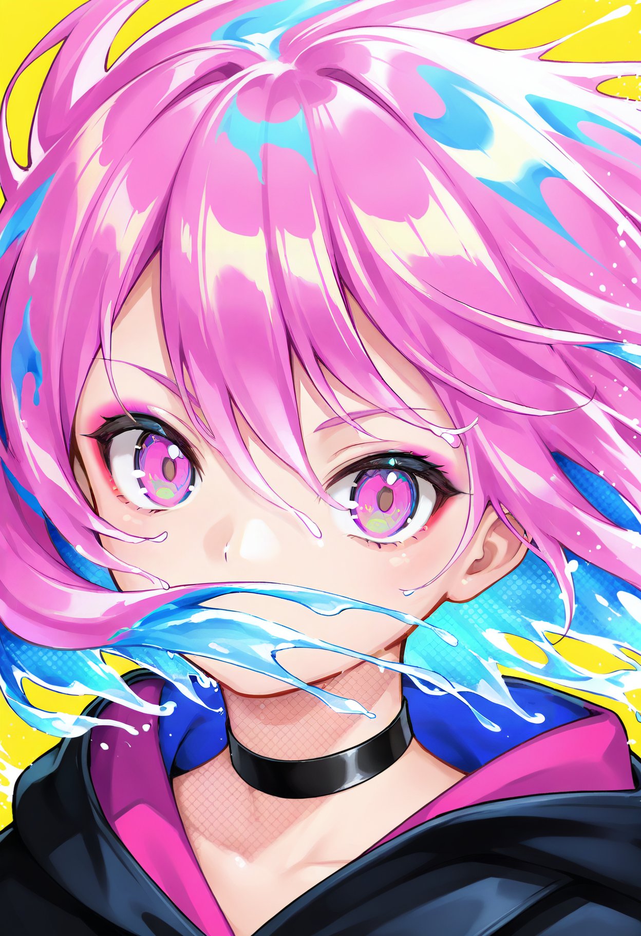 solo, yellow background, choker, multicolored eyes, looking at viewer, 1girl, black choker, portrait, multicolored hair, simple background, blue hair, pink hair, hood, halftone, short hair, pink eyes, liquid hair, covered mouth, paint splatter, floating hair, colorful, hair between eyes, makeup, hood down