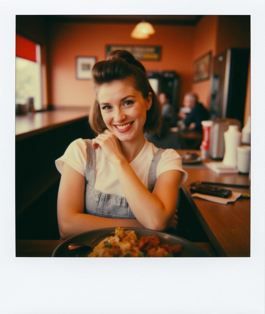 Polaroid frame of a waitress, pinup, art style, kodak portra 400, cinematic, smiling, closeup <lora:Polaroid_Flux:1.0><lora:ComfyUI_30944_:0>