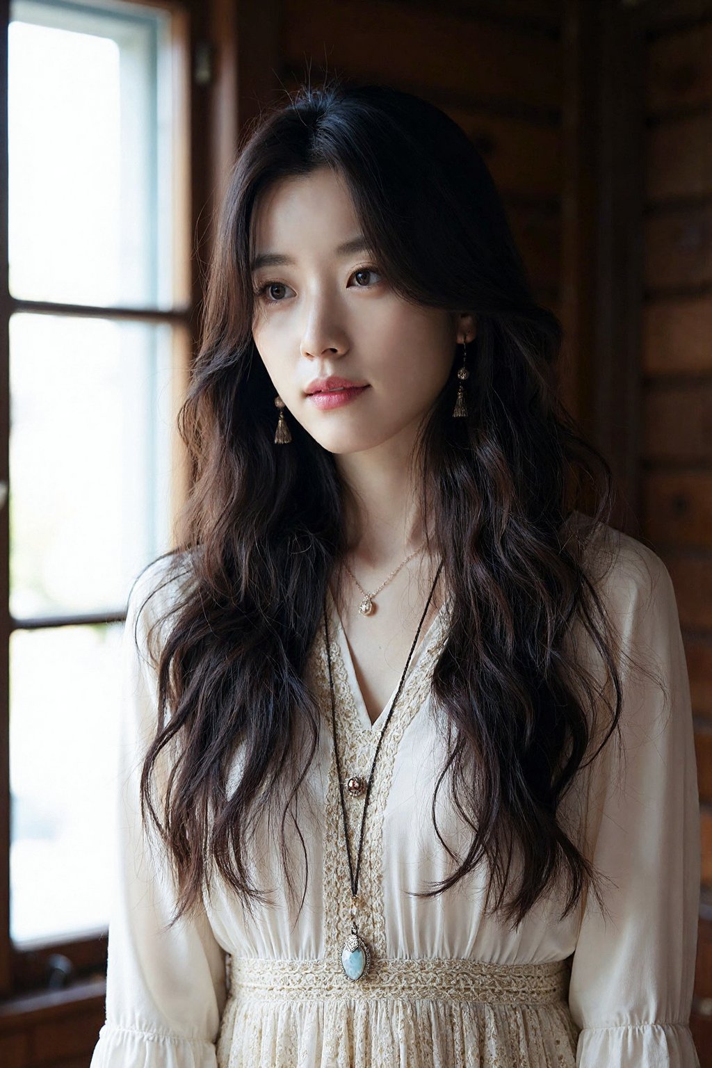 bright photo of beautiful korean girl with long wavy hair wearing bohemian dress, inside a rustic house with windows, necklace, dslr, studio lighting, high quality, film grain, light reflections, blood vessels, pale skin, detailed skin, <lora:flux_realism_lora:1>, <lora:makinaflux_hanhyojoo_v1.0.S:1>