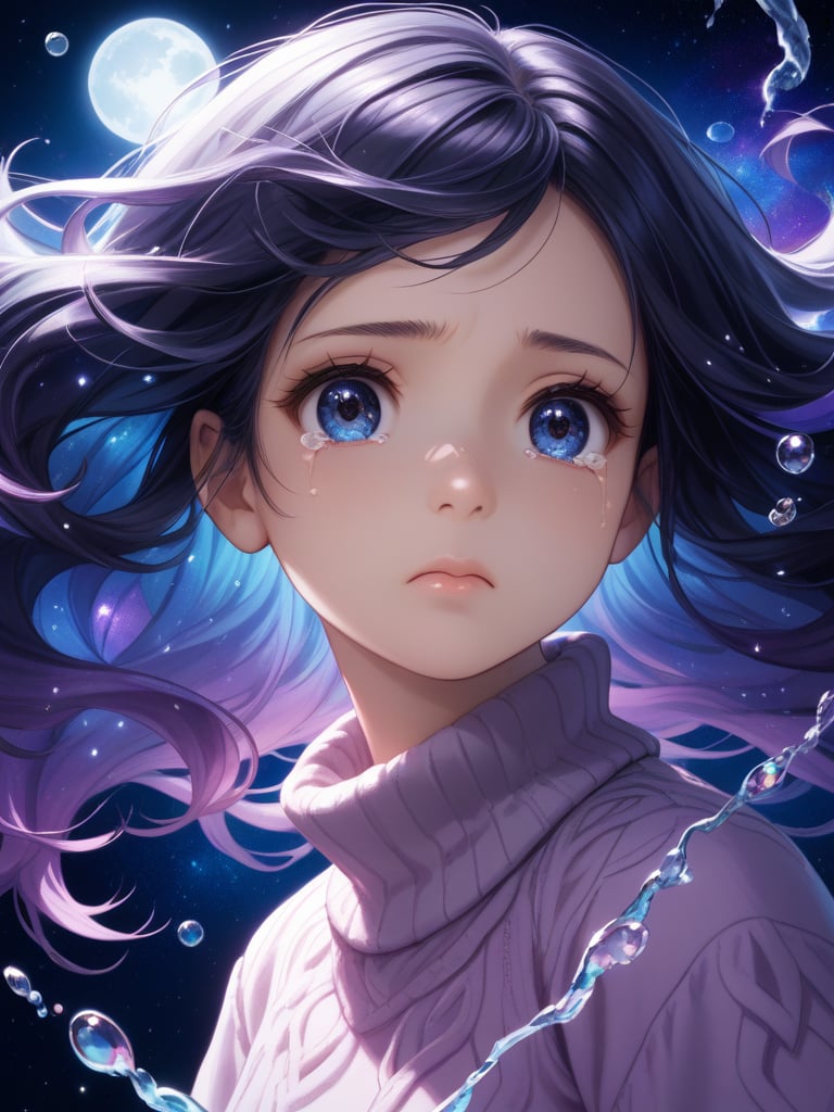 score_9, score_8_up, score_8,highly detailed, intricate, beautiful aesthetic,vibrant, extreme contrast, focus on face, (headshot), close up, view from the side, large eyes, long hair, detailed eyes, detailed hair,cute, girl, baggy sweater, cosmic background, sad, crying, tiers, water drops, floating, in space,moon, stars, atmospheric, lost, magical robes, magical hair,