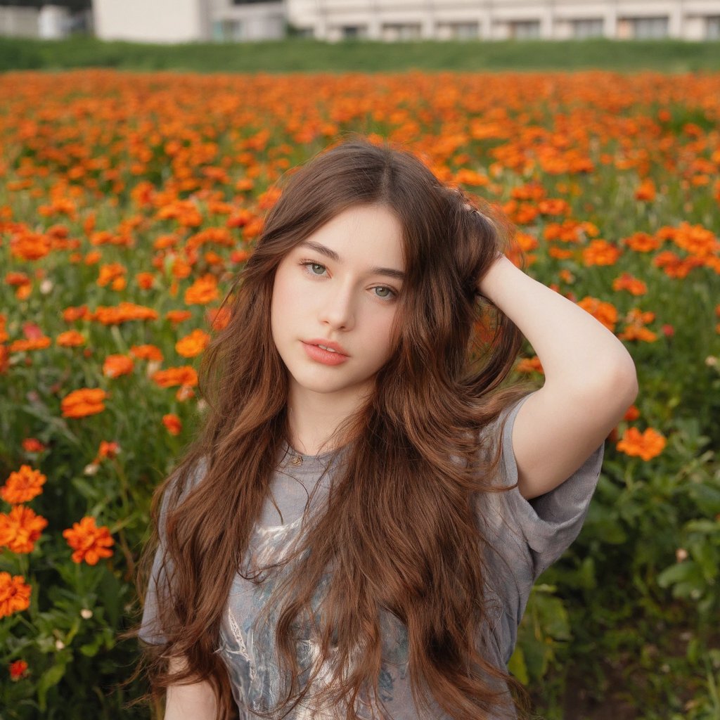 A portrait of dasha_taran in a field of orange flowers. She has long, wavy brown hair and blue eyes. She wears a gray t-shirt with a graphic design on the front. Her pose is relaxed, with one hand resting on her head, and the other hand gently touching her hair. The background is blurred, but appears to be an outdoor setting with a building visible in the distance. The color palette is warm, dominated by the orange of the flowers and the brown of the woman's hair.