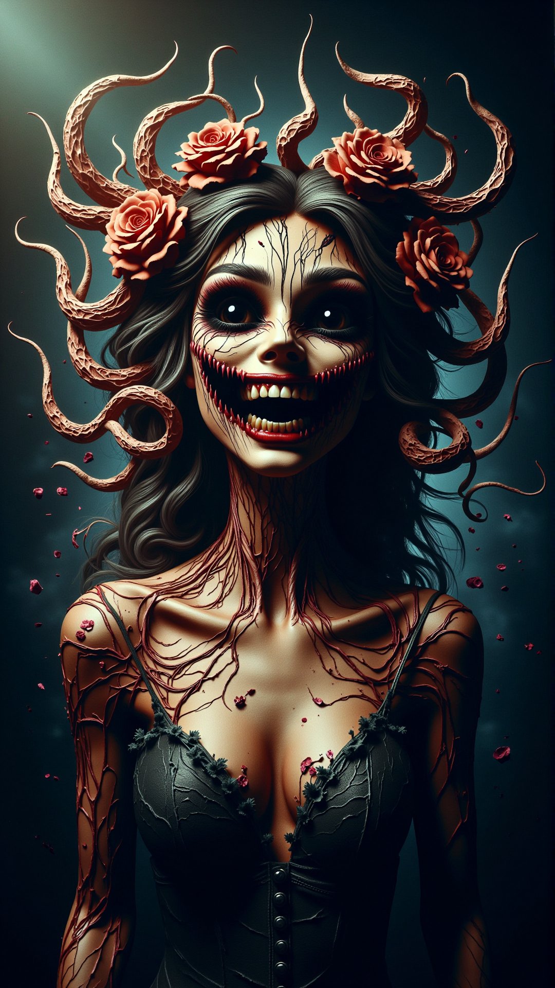 a photorealistic dark horror malevolence tendrils clear portrait of keyword, adorable appearance!!!, golden hour, happy apearance, cottagecore!!, background hyper detailed, character concept, full body, dynamic pose, intricate, elegant, highly detailed, digital painting, artstation, concept art, smooth, sharp focus, illustration, art by artgerm and greg rutkowski and alphonse mucha <lora:DarkmosphericFlux:0.9> professional studio photography