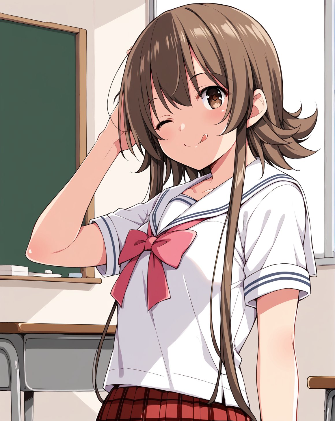 <lora:clover_rose_v1.6>,cloverrose,brown eyes,short hair with long locks,brown hair,school uniform,serafuku,pink ribbon,plaid skirt,white sailor collar,BREAKstanding,scratching head,arm at side,smile,one eye closed,tongue out,classroom,, score_9,score_8_up,score_7_up,source_anime,best quality,masterpiece,uncensored,detailed eyes,