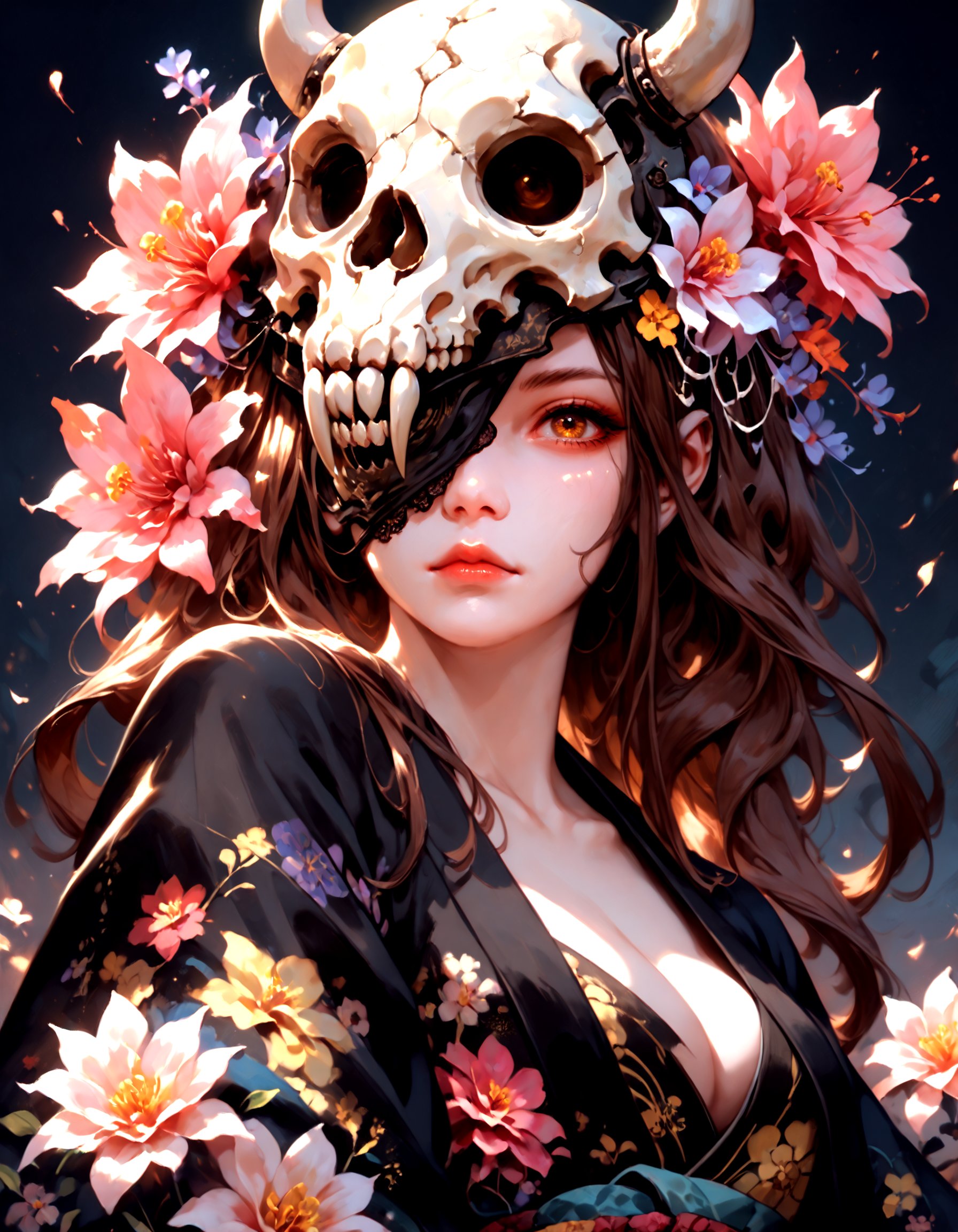 score_9, score_8_up, score_7_up, score_6_up, 1girl, solo, long hair, looking at viewer, brown hair, brown eyes, yellow eyes, upper body, flower, japanese clothes, kimono, mask, floral print, one eye covered, black kimono, skull mask