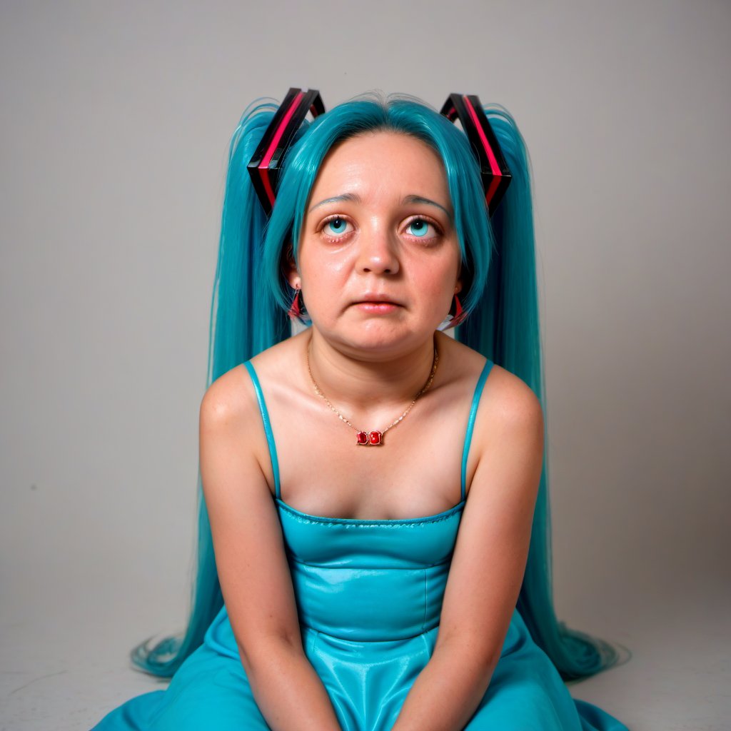 zPDXL ,<lora:Ugly_Women_for_Pony:1>, ugly, fat, 1girl, solo, hatsune miku, blue hair, dress, jewelry, earrings, small breasts, blue eyes,, looking up, sitting,  