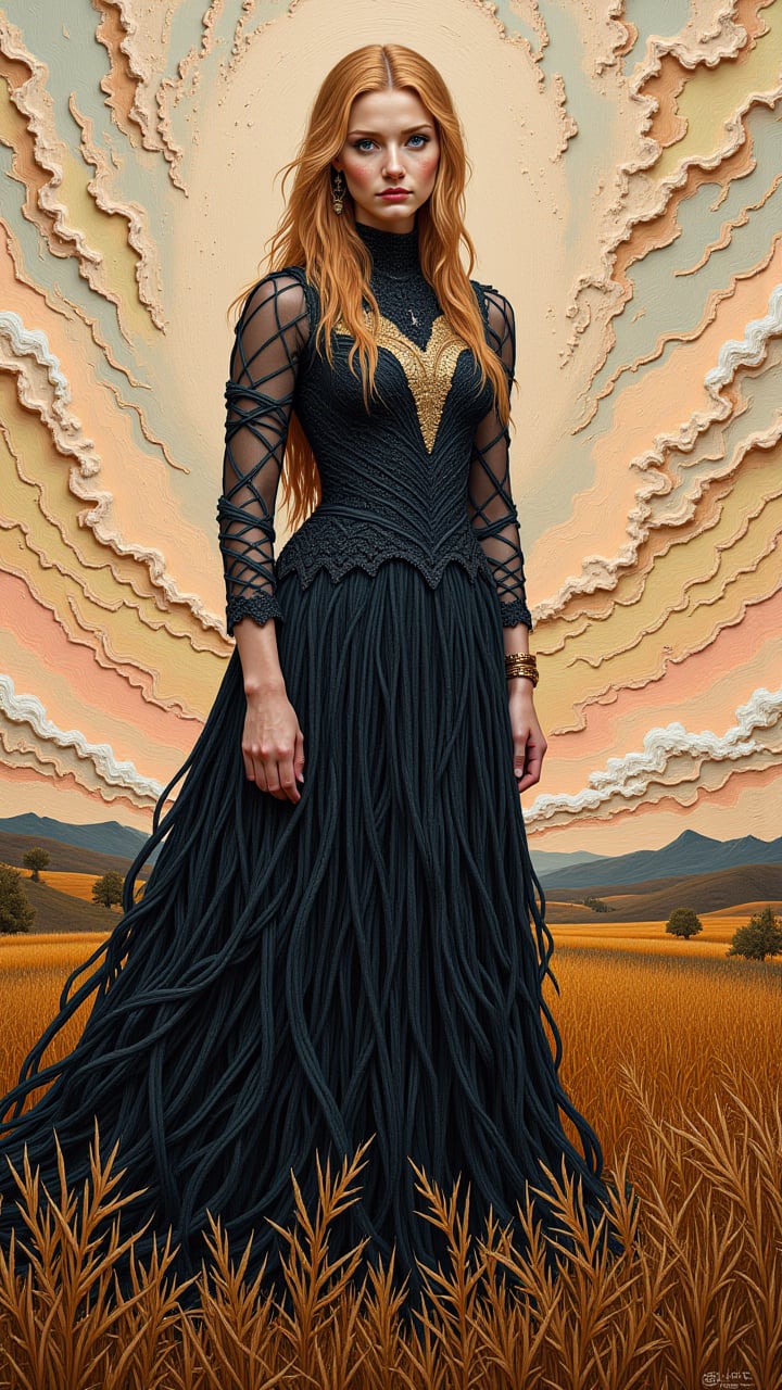 Design made of Wood, Crayons artwork, Portrait of a The ethereal figure of Ropeway, dressed in a dark and mysterious gown, gazes intently at the viewer. In the foreground, a dense field of desolate fields is depicted, Group of Seven, Athletic, Irish landscape painting, aidmaimageupgrader