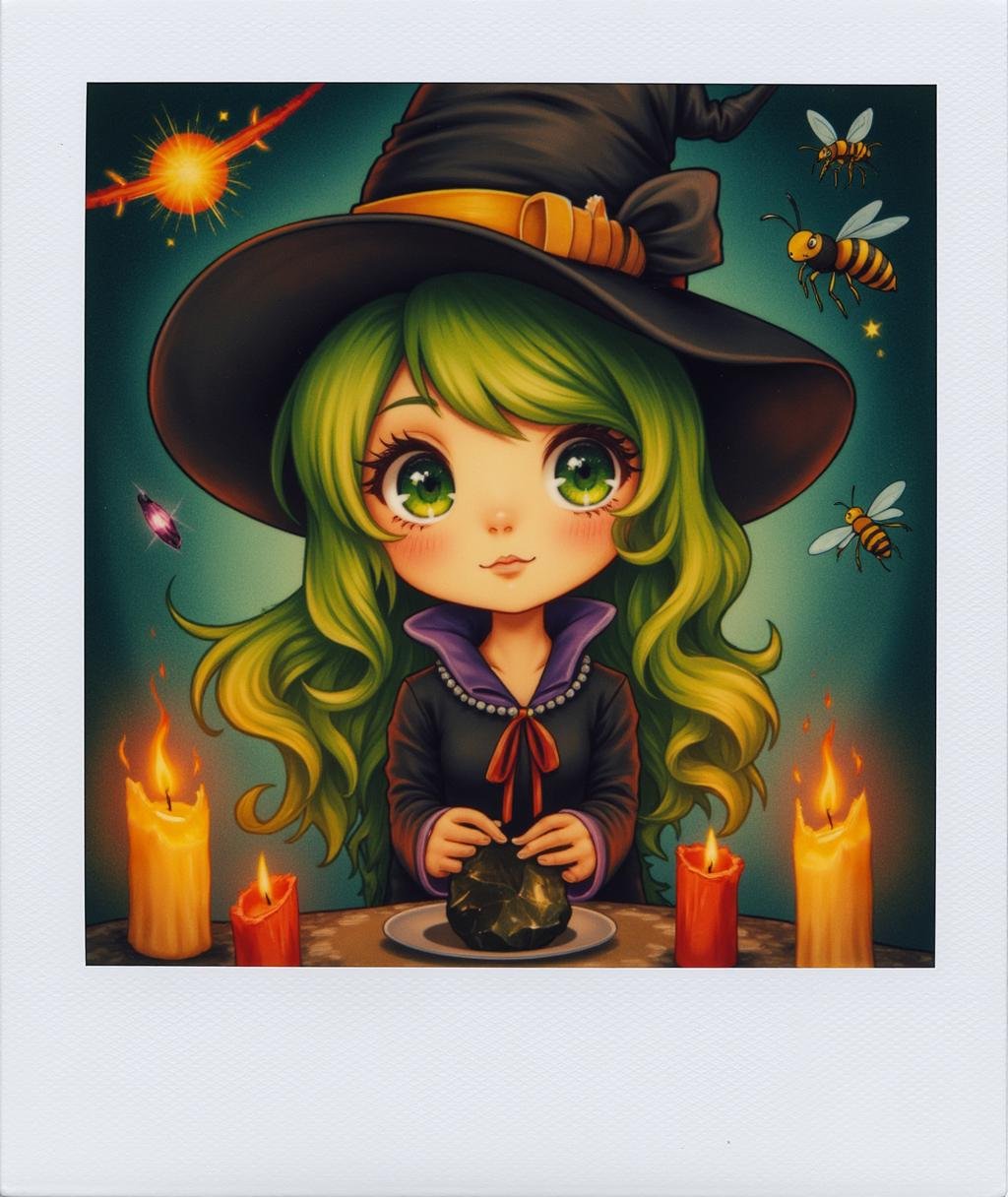 Polaroid frame of cute witch with colored hair surrounded by candles, sparks, bees, crystals <lora:Polaroid_Flux:1.0><lora:ComfyUI_30752_:0>