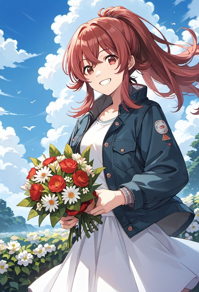 score_9, score_8_up, score_7_up, source_anime,komiya kaho, red hair, long hair, red eyes, 1girl, smile, flower, outdoors, solo, jacket, bouquet, skirt, ponytail, cloud, grin, sky, holding