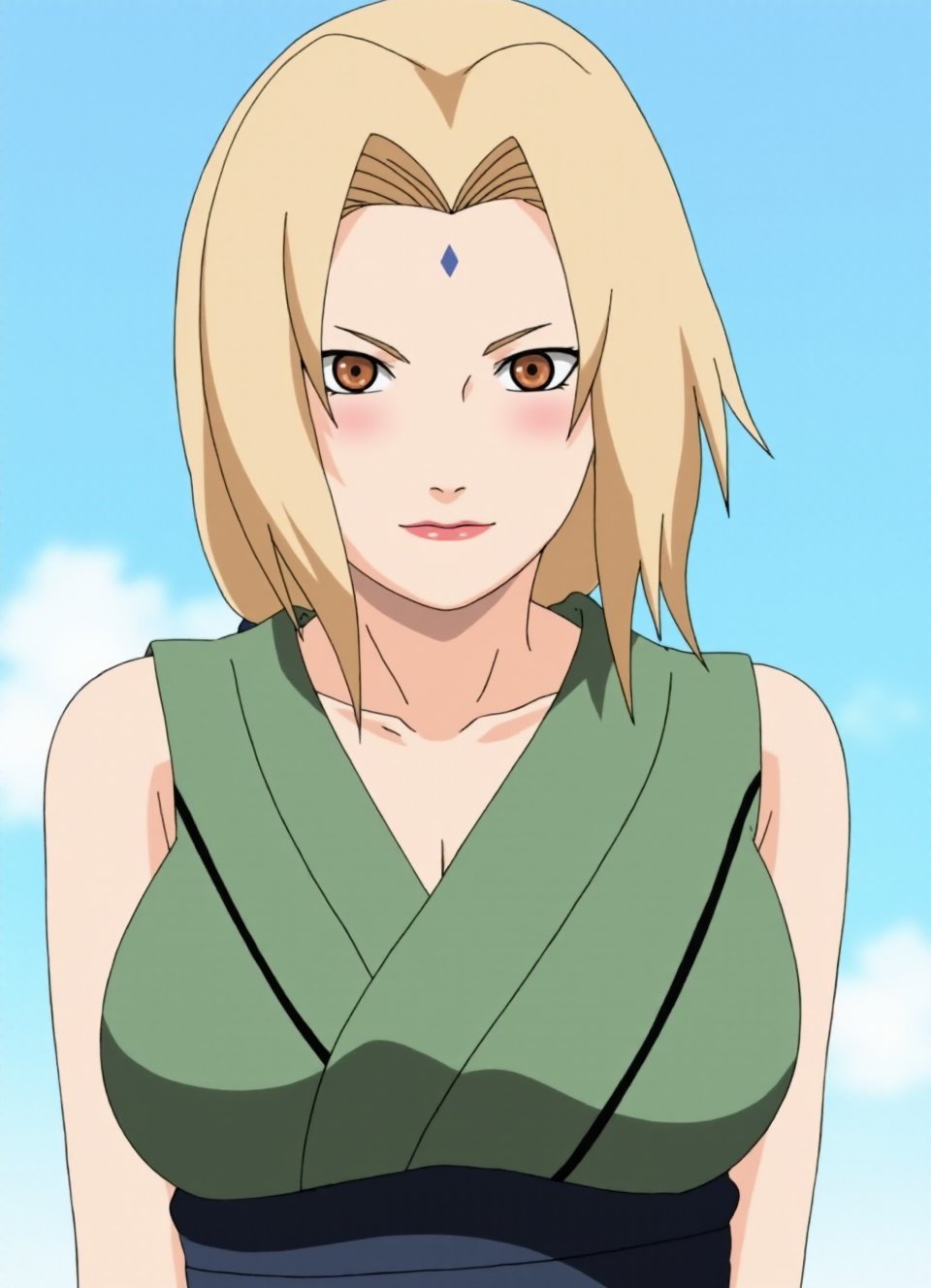 This image is a digital frontview drawing in the anime style, depicting a female character's nude nude top with a serious and determined expression. The character has light blonde hair, cut in a straight,The wind is blowing her hair,shoulder-length style with bangs that cover her forehead. Her eyes are large and almond-shaped, with a piercing gaze, and her skin is fair blushing, She is showing big breast, which is green with a black sash and a grey inner layer visible at the neck.Her face is adorned with a small, triangular blue mark on her forehead, typical of certain Japanese characters in anime.The background is Blue sky and white clouds making the character the focal point of the image. The drawing style is clean and crisp, with smooth lines and a minimalistic shading technique that highlights the contours and textures of the character's hair. The overall tone of the image is somber and intense, reflecting the character's demeanor and the dramatic nature of the scene.,smiling,tsunade, <lora:Tsunade_Flux_V1_r1:0.95>