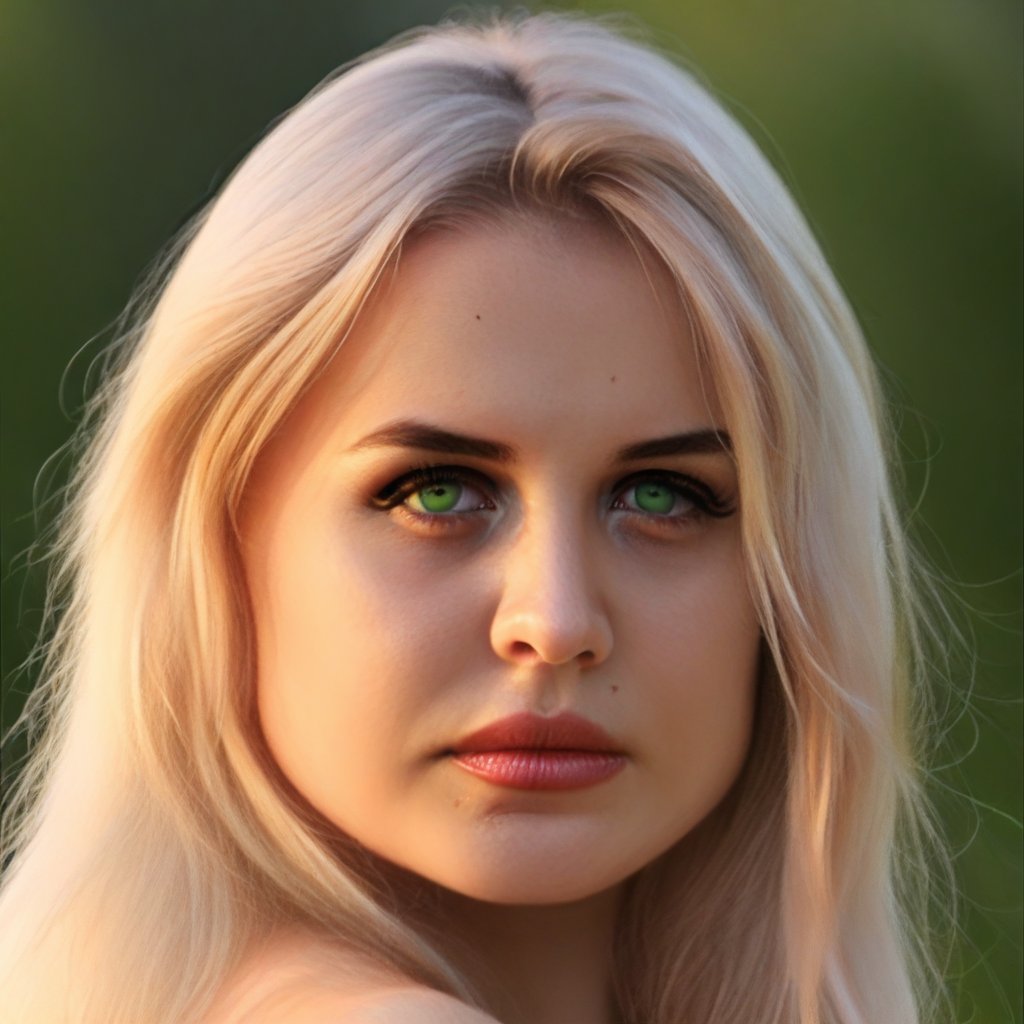 mikas, 1girl, solo, realistic, portrait, blonde hair, long hair, beautiful, green eyes, uncensored