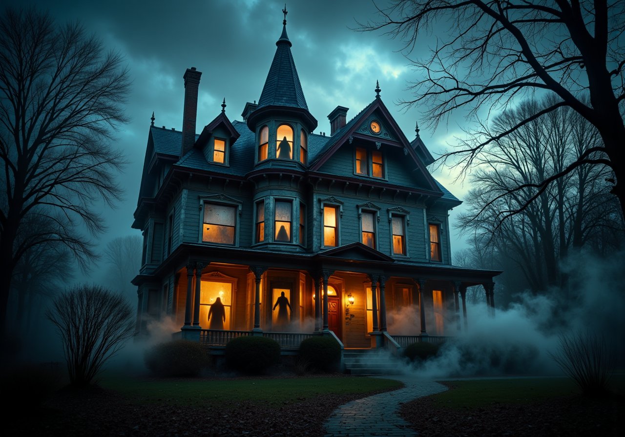 A haunted Victorian mansion: The old house stands tall, its windows shattered and the door slightly ajar. Faint, flickering lights reveal ghostly figures inside. Spiderwebs cover every corner, while the sound of distant chains rattles. The air feels thick with centuries of secrets, and eerie whispers echo throughout.