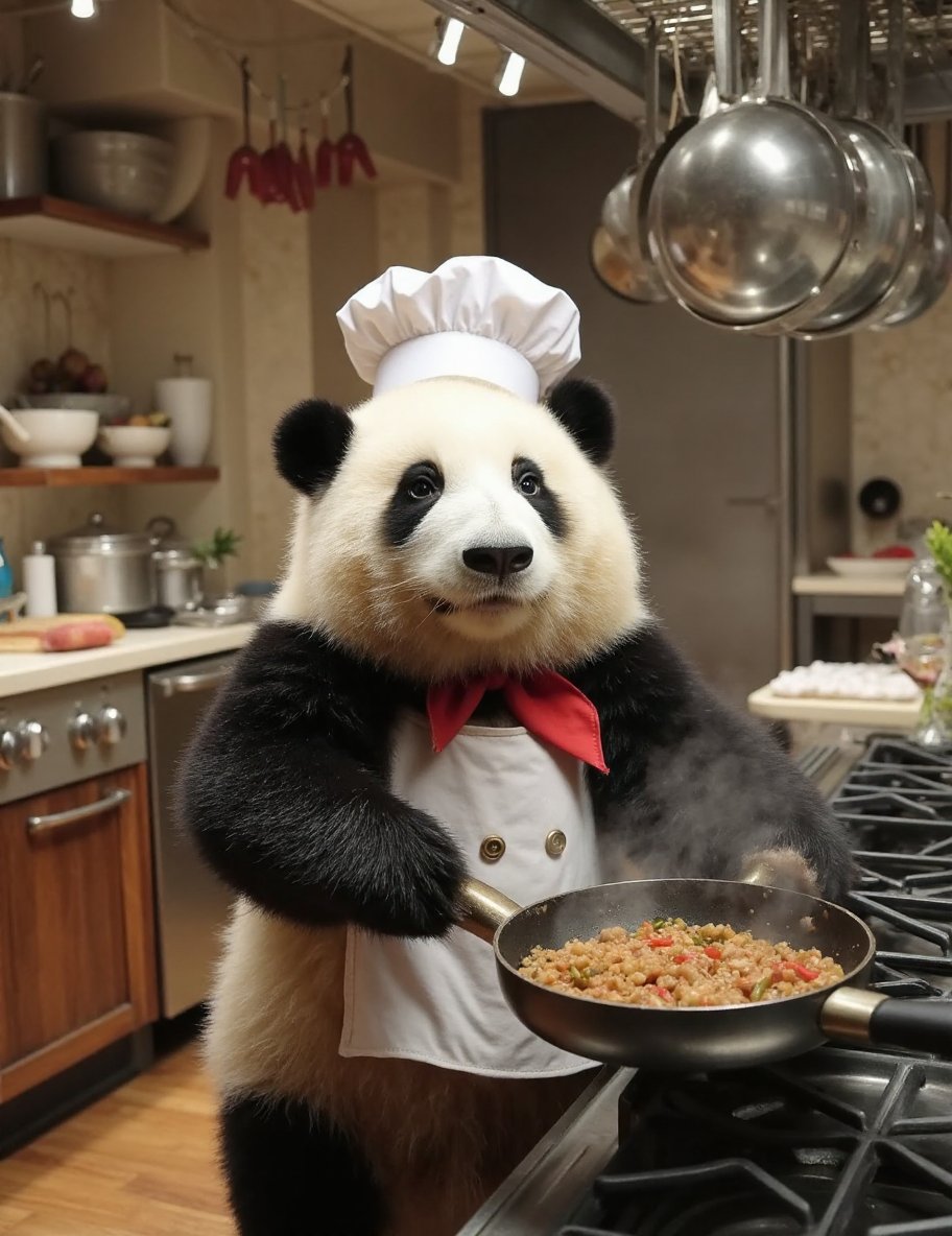 The image is a high-resolution photograph of a baby panda named Huahua, depicted in a bustling kitchen setting. Huahua has a distinctive black and white fur pattern, with round, chubby features and a serious expression. She stands upright, holding a large spatula in her right paw and a frying pan in her left, as she diligently cooks at the stove.Huahua is dressed in a tiny chef’s uniform, complete with a white chef's hat perched atop her head, adding a professional yet whimsical touch. Her chef's jacket is detailed with buttons and a small pocket, and she wears a red neckerchief around her neck. The uniform contrasts with her soft, fluffy fur, creating a striking visual effect.The background features a well-equipped kitchen with stainless steel appliances, wooden cabinets, and a marble countertop. Pots and pans hang from a rack above, and various cooking ingredients are scattered across the counters, giving the scene a dynamic and lively atmosphere. The stove is on, with steam rising from the frying pan, indicating that Huahua is in the midst of preparing a delicious meal.The lighting in the photograph is warm and inviting, casting soft shadows and highlighting the details of Huahua’s fur and the kitchen environment. The overall composition focuses on Huahua, making her the primary subject and capturing the unique and whimsical nature of a panda chef hard at work in the kitchen.,huahua, <lora:huahua_panda_Flux_V1-000002:1>