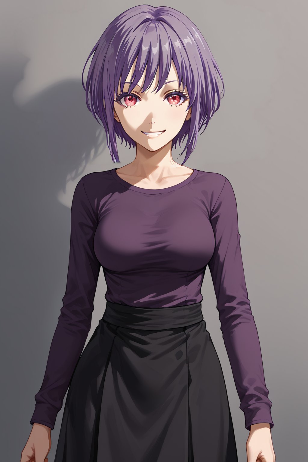 amoris, 1girl, solo, looking at viewer, smile, short hair, purple hair, purple eyes,red eyes<lora:nyamu-pony:0.8>