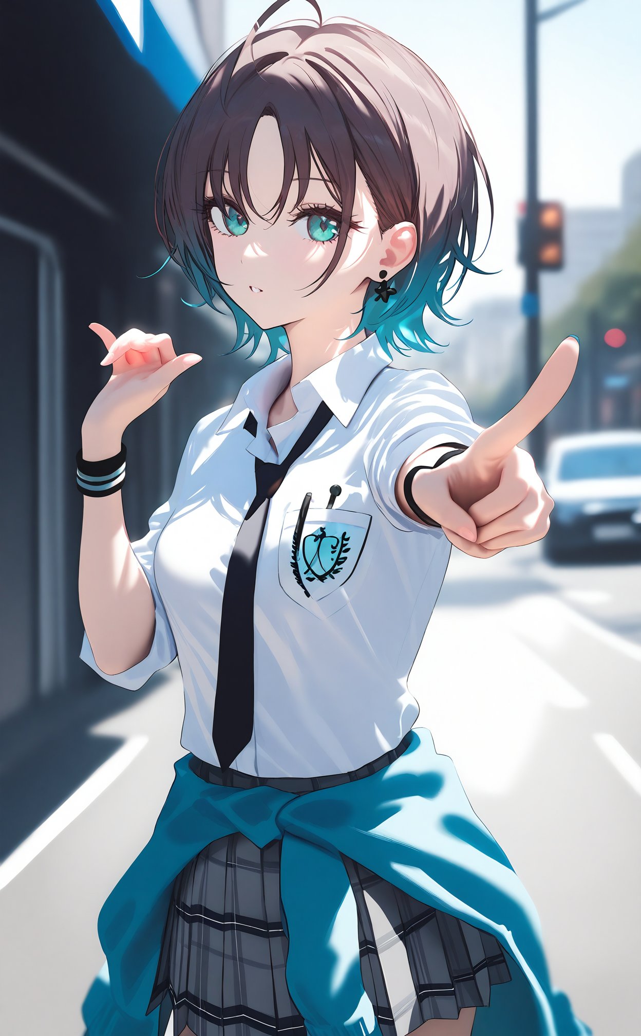 masterpiece,best quality,high quality,1girl,solo,asakura toru,looking at viewer,short hair,blue hair,brown hair,ahoge,multicolored hair,gradient hair,green eyes,school uniform,white shirt,gray skirt,pleated skirt,plaid skirt,wristband,earrings,black necktie,pocket,breast pocket,clothes around waist,sleeves rolled up,light blue jacket around waist,standing,pointing at viewer,outdoors,street,day,cowboy shot,masterpiece,bestquality,ultra detailed,