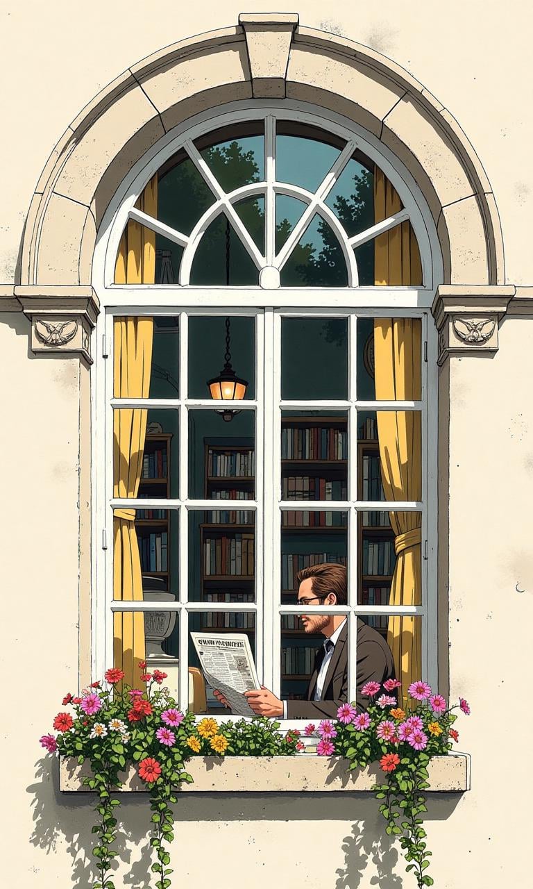 A beautiful illustration showing a window with white panes and flowers on an arched shelf. Inside,  a man is sitting and r...