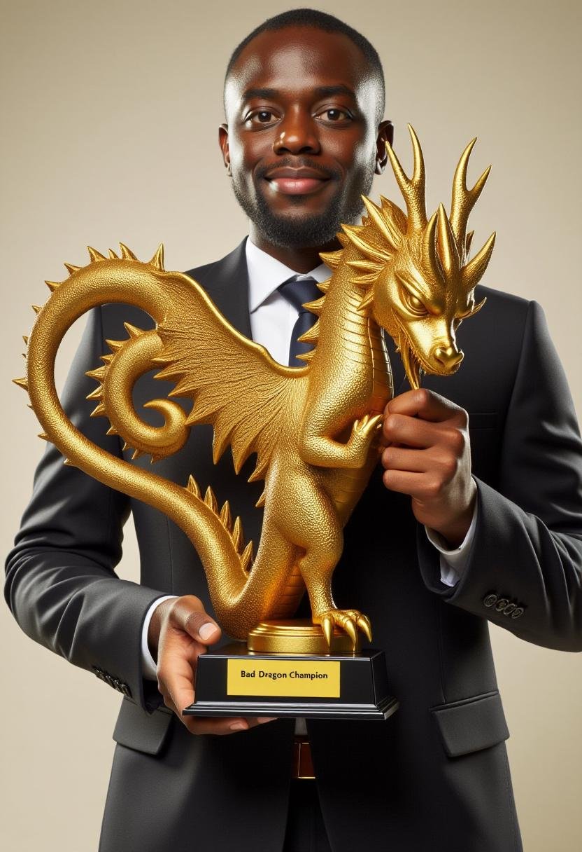 This image is a photograph featuring a person dressed in a formal suit,  holding a golden dragon trophy with both hands. T...