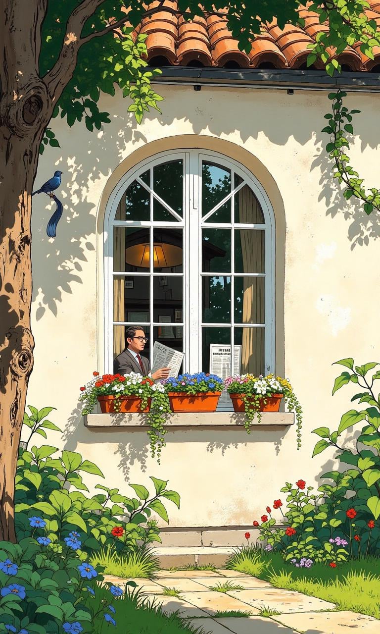 A beautiful illustration showing a window with white panes and flowers on an arched shelf. Inside,  a man is sitting and r...